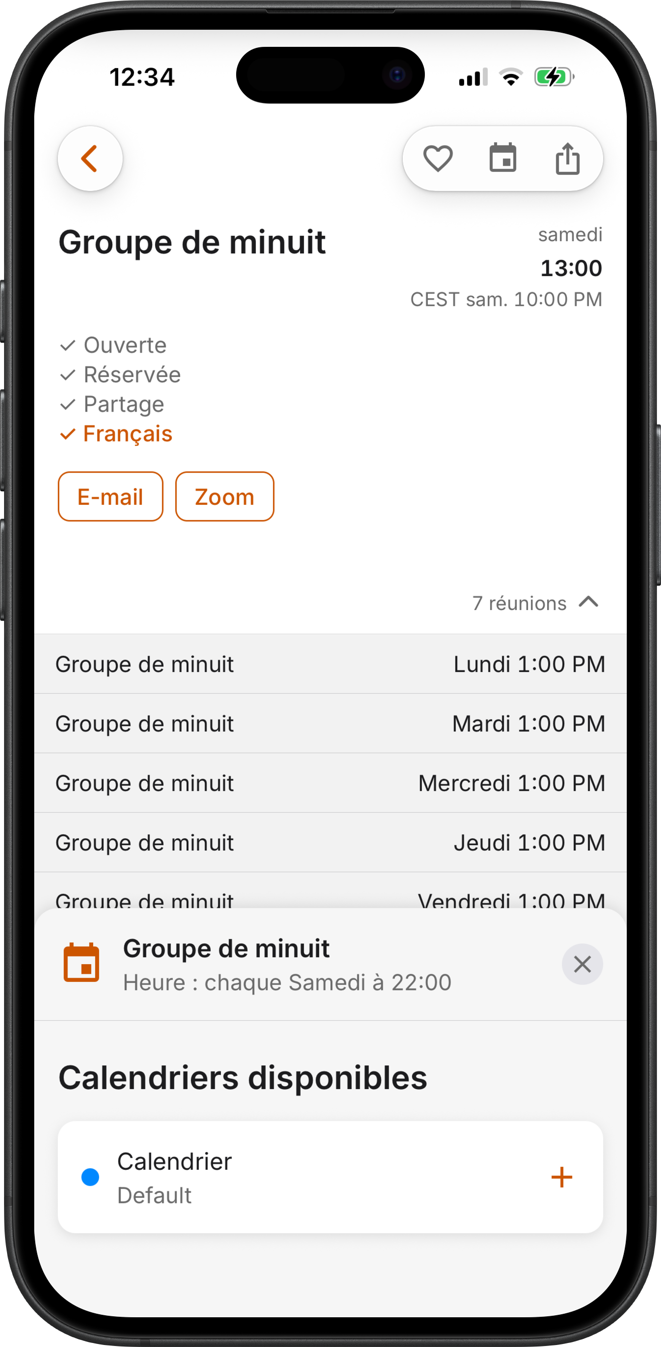 Détails de réunion avec Ajouter au calendrier dans SoberHub