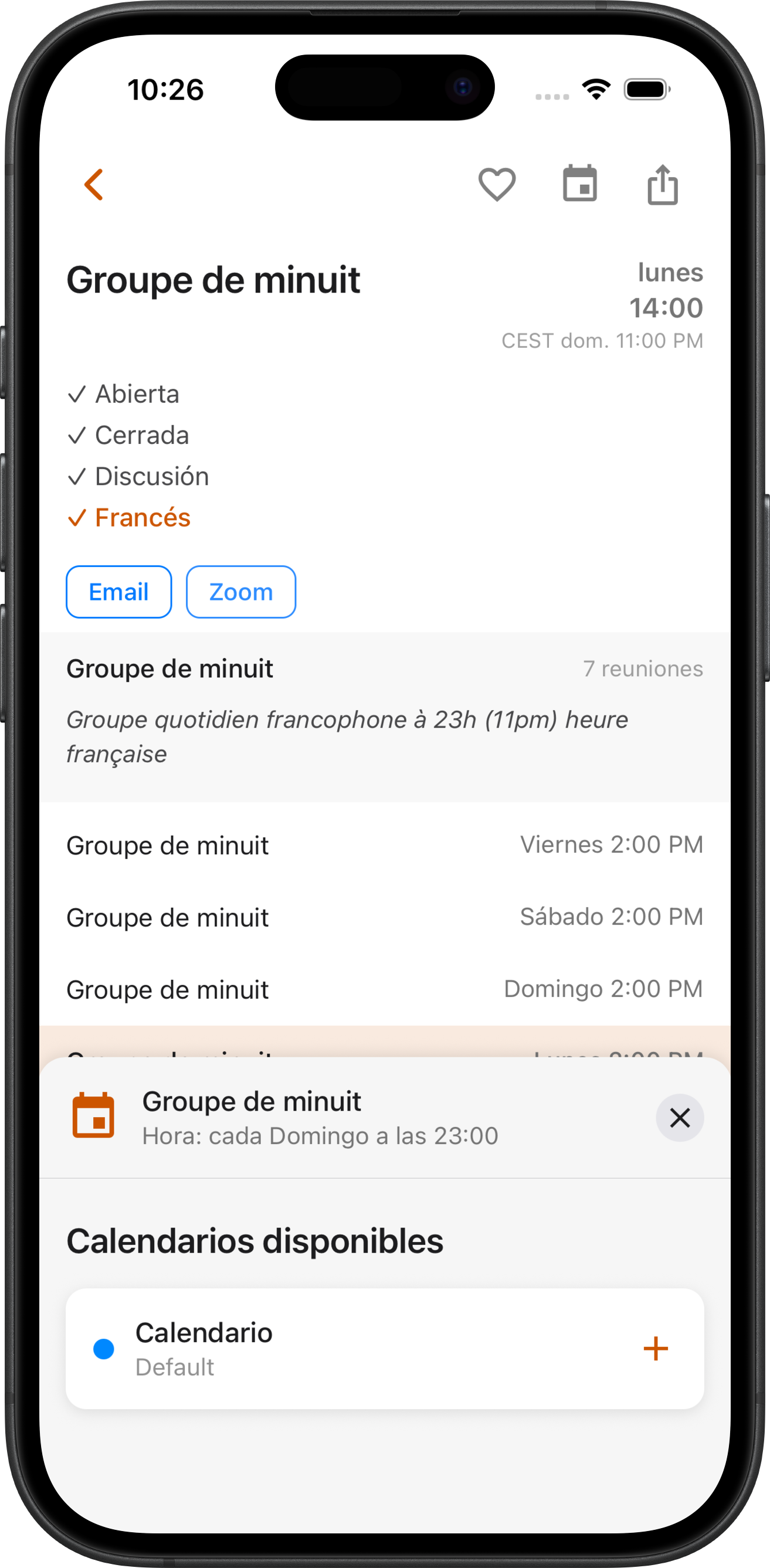 Detalles de la reunión con Añadir al calendario en SoberHub