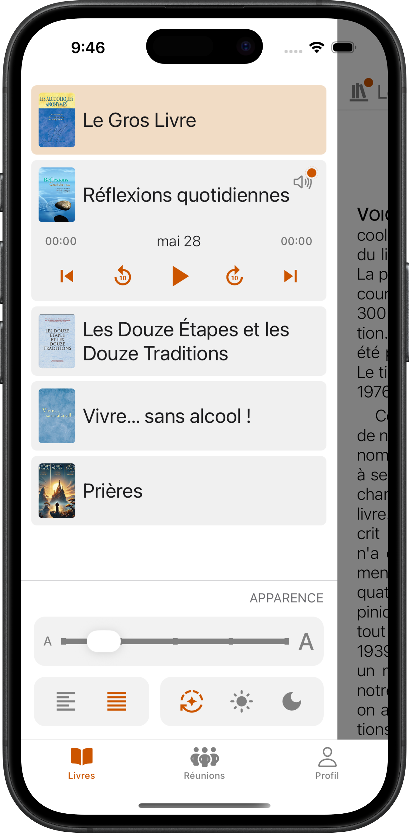 Bibliothèque SoberHub avec lecteur audio des Réflexions quotidiennes sur iPhone