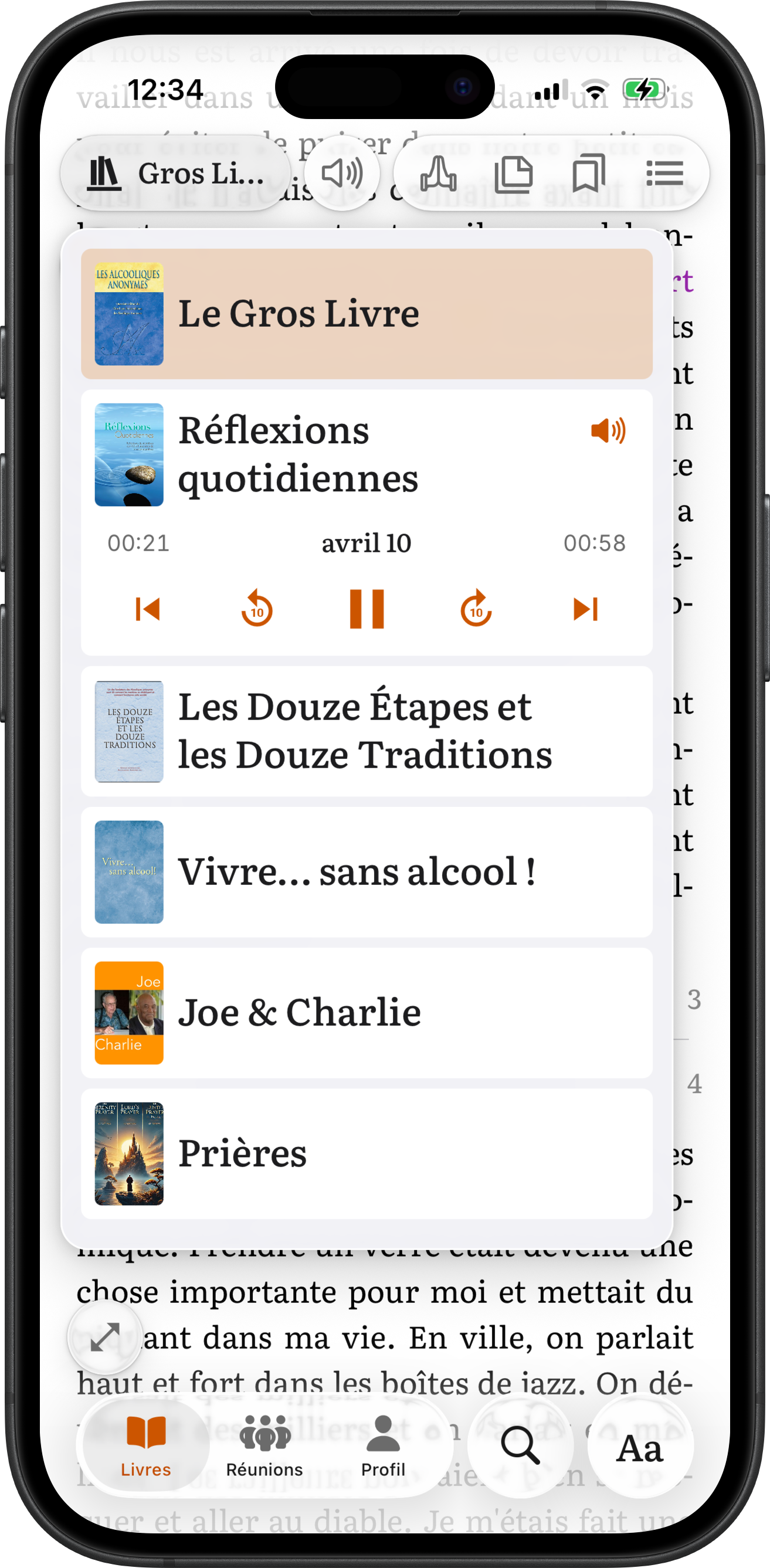 Bibliothèque SoberHub avec lecteur audio des Réflexions quotidiennes sur iPhone