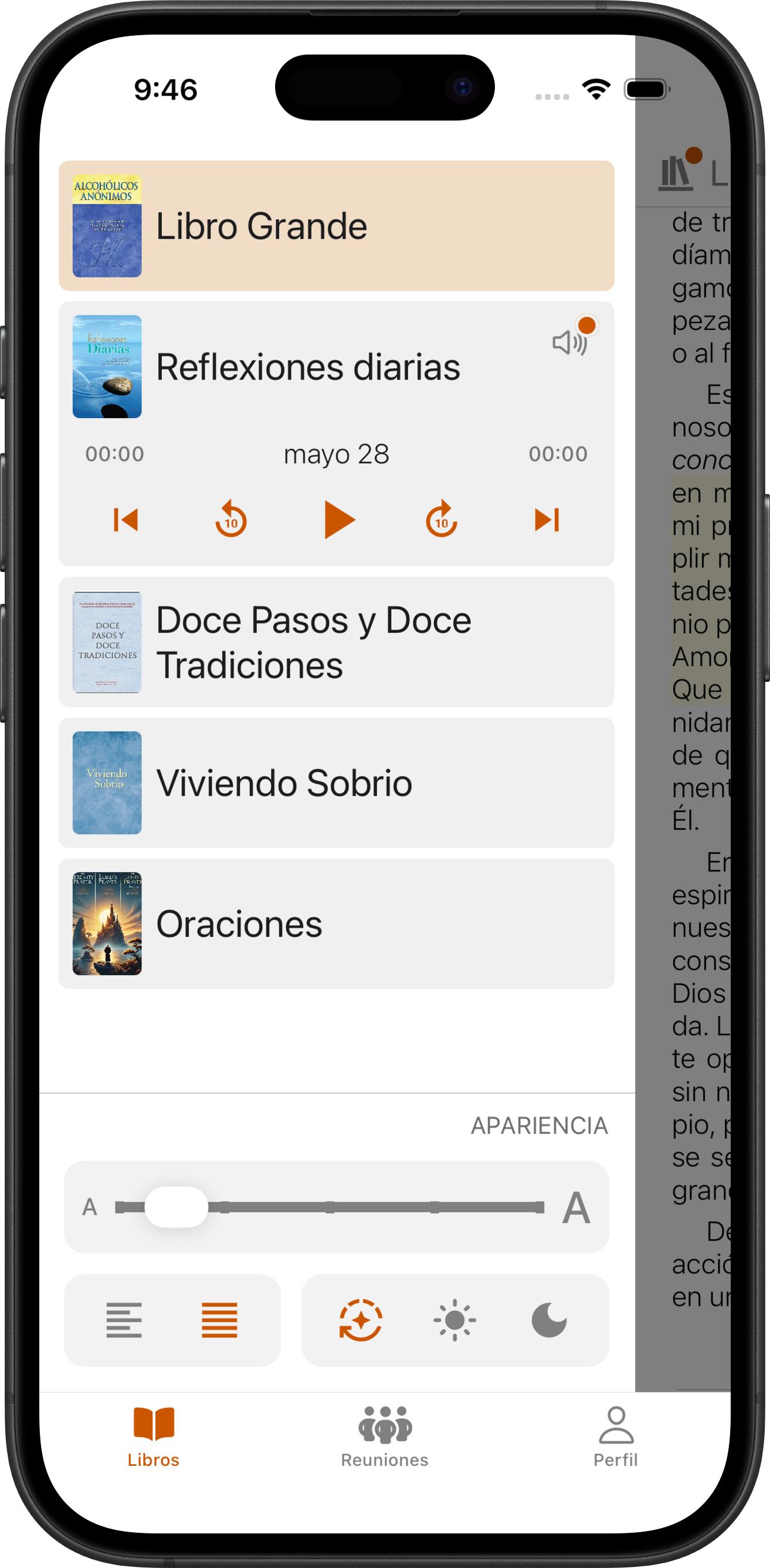 Biblioteca de SoberHub con el reproductor de audio de Reflexiones Diarias en iPhone