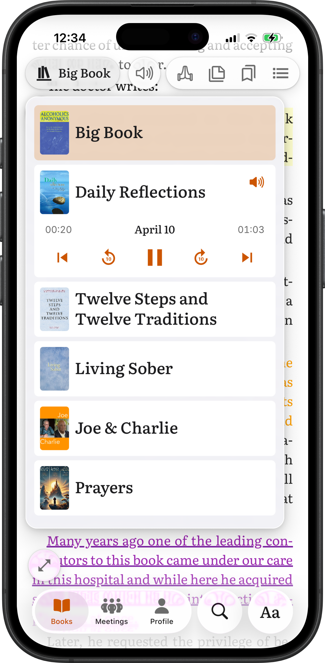 SoberHub library with Daily Reflections audio player on iPhone
