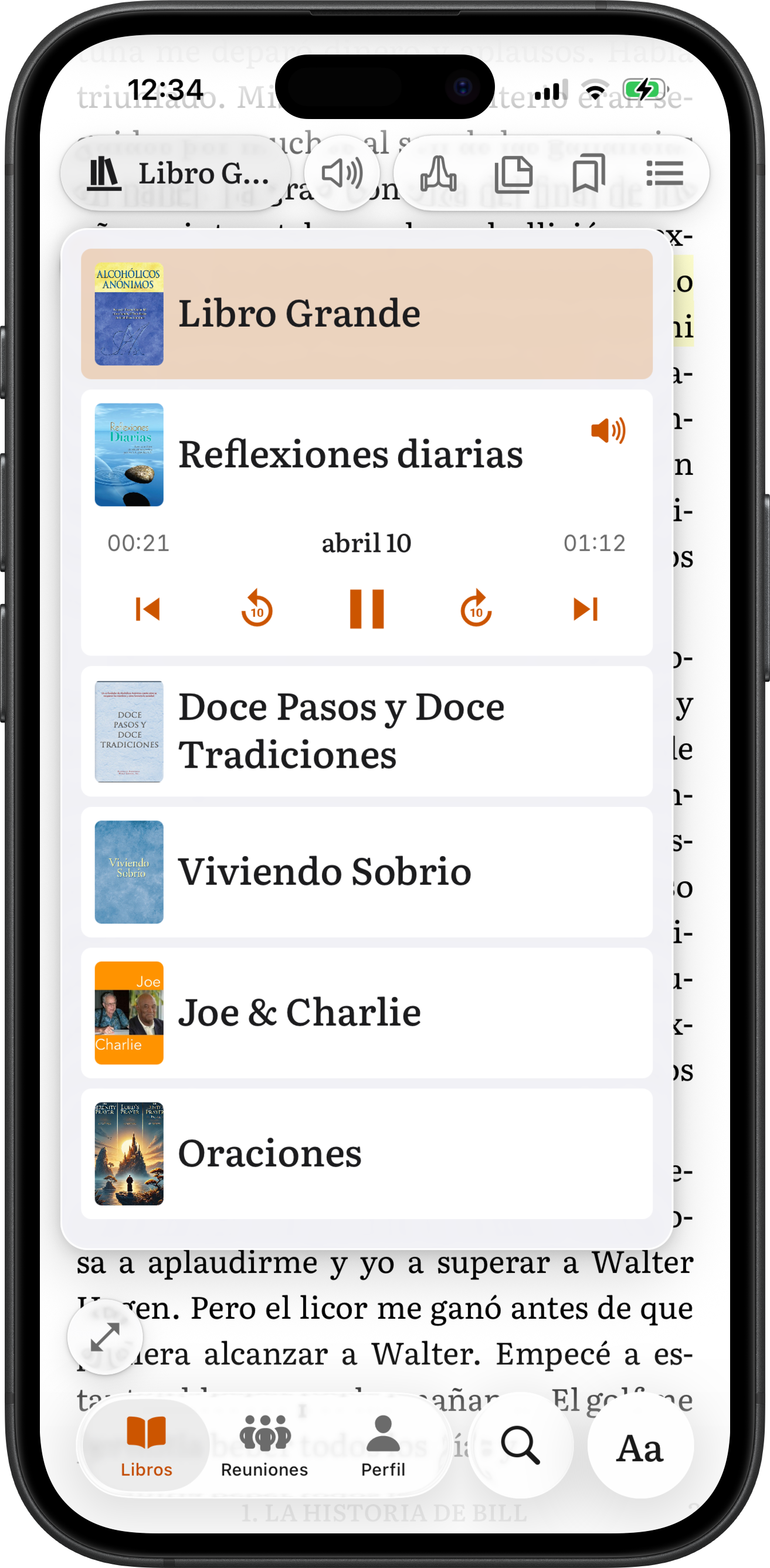 Biblioteca de SoberHub con el reproductor de audio de Reflexiones Diarias en iPhone