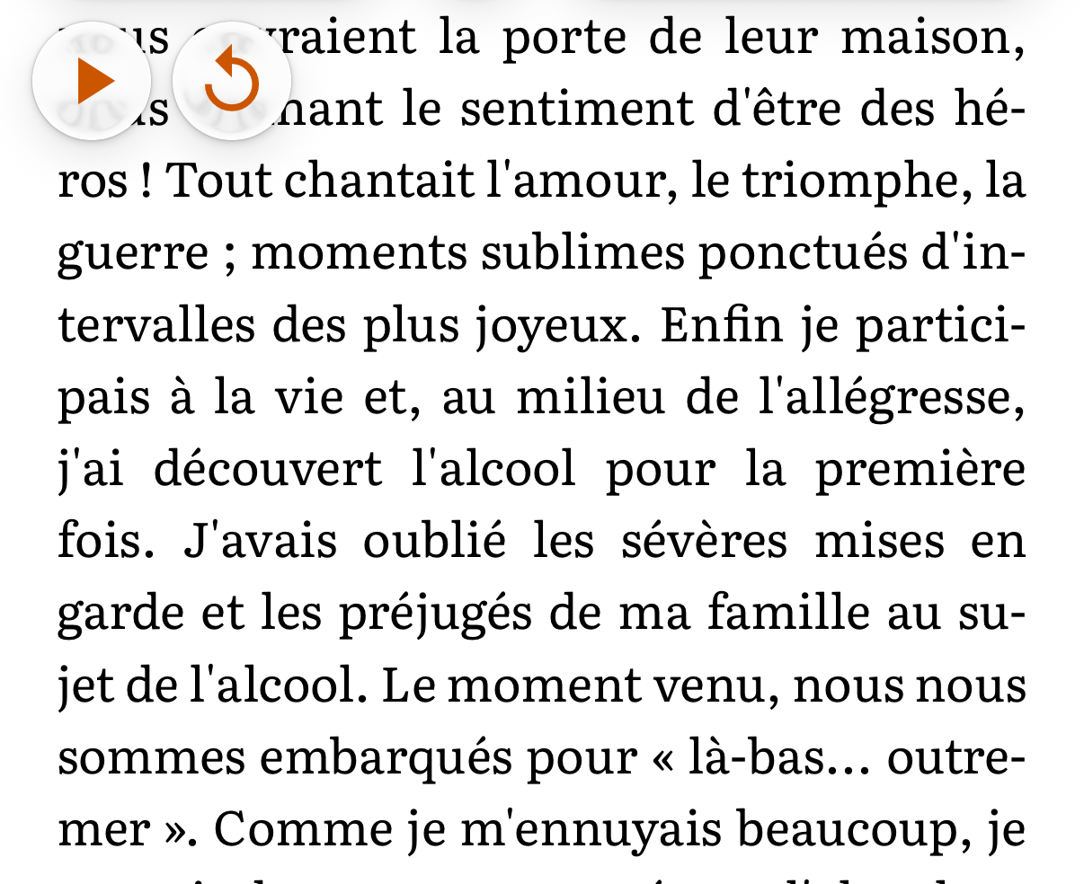 Le mini-lecteur en mode Pause par paragraphe avec Lecture et Réécouter au-dessus des premières lignes d'une page