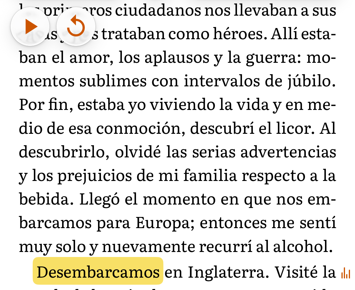 El minirreproductor en modo Pausa por párrafo con Reproducir y Repetir sobre las primeras líneas de una página