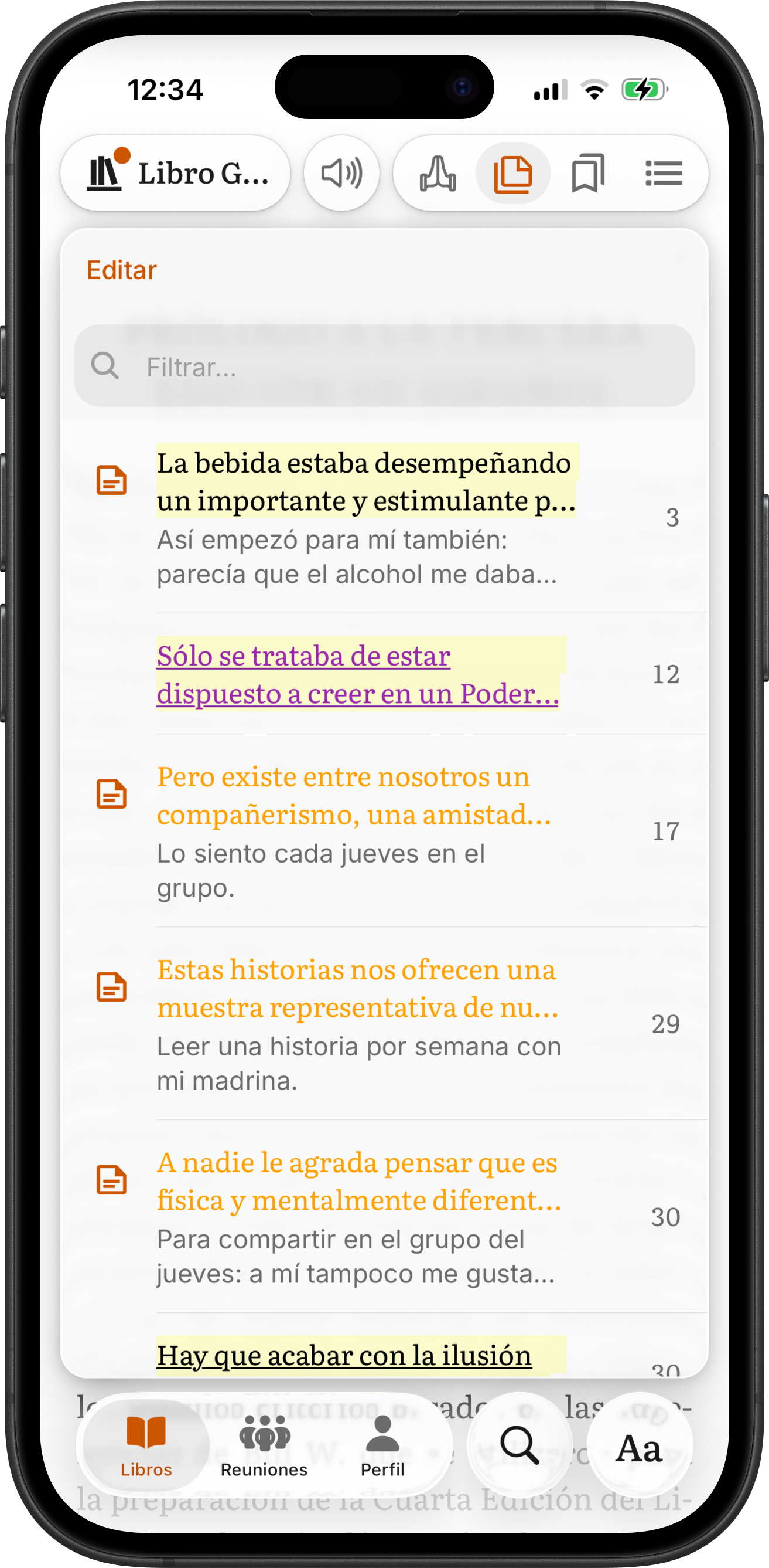La lista de Notas del Libro Grande en SoberHub con el pasaje y la página de cada nota