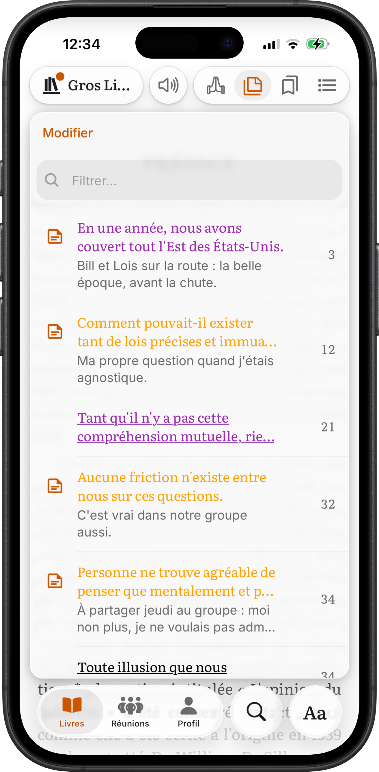 La liste des Notes du Gros Livre dans SoberHub, avec le passage et la page de chaque note