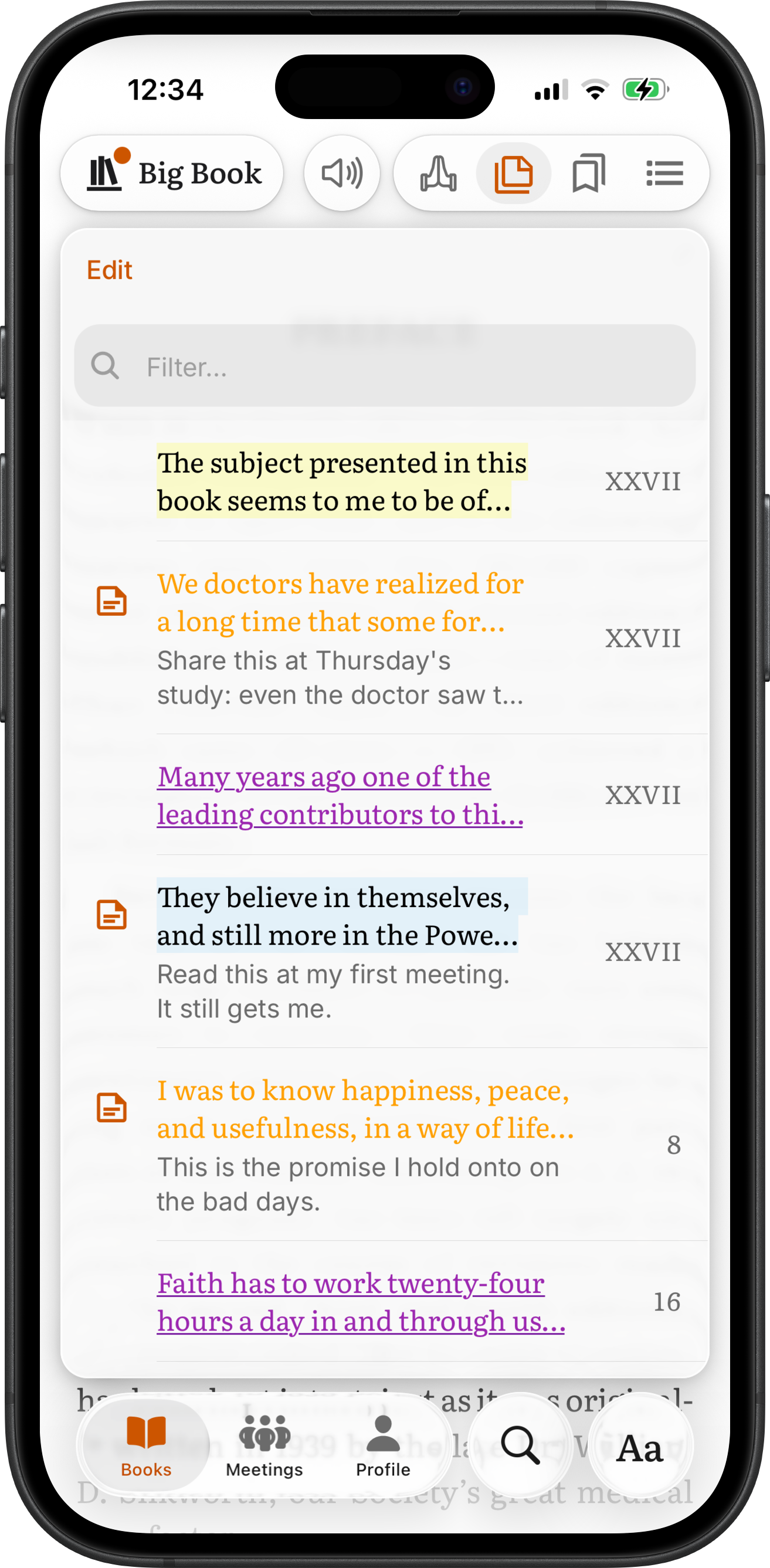 The Notes list for the Big Book in SoberHub with each note's passage and page