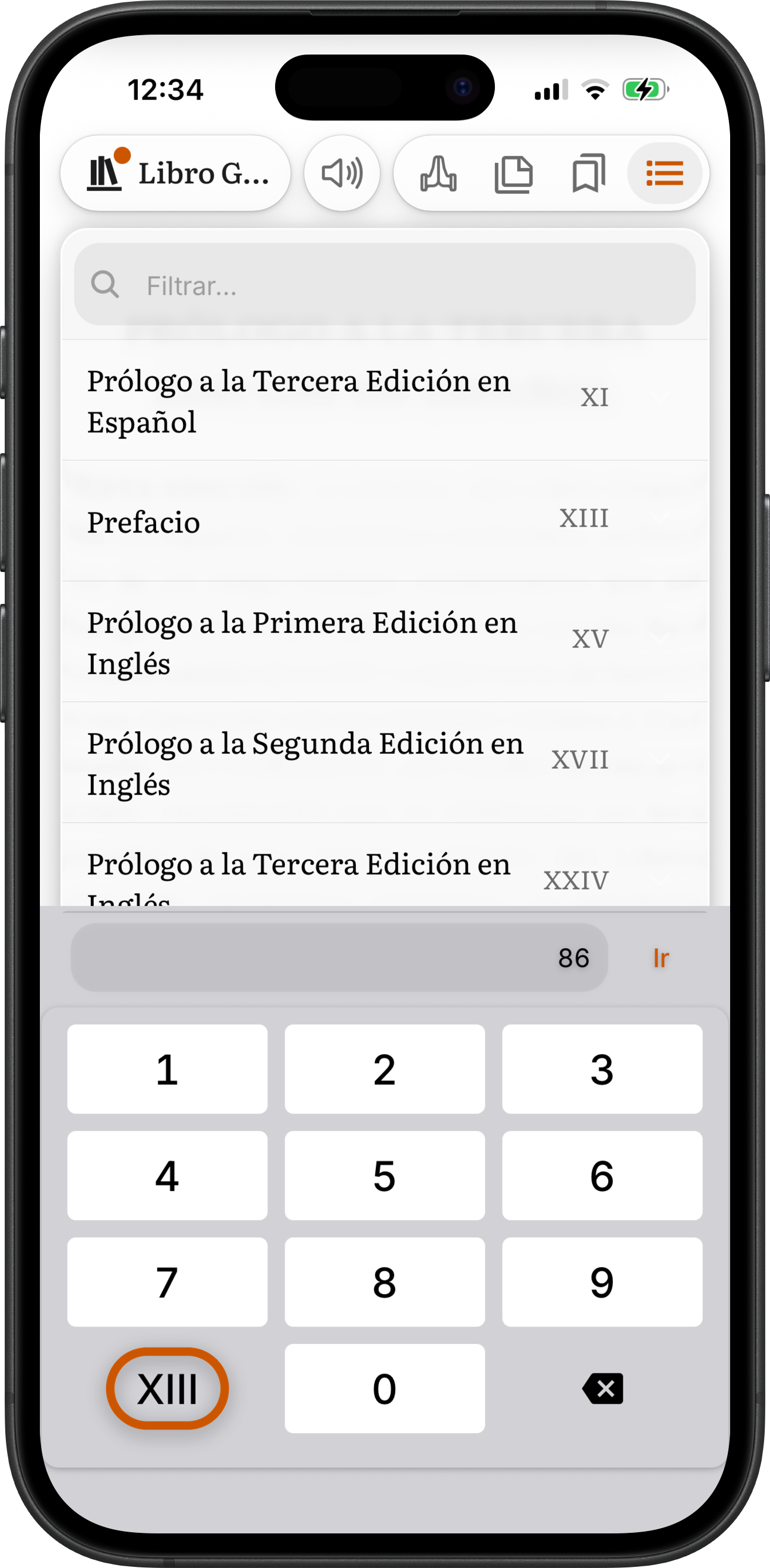 El contenido del Libro Grande en SoberHub con el teclado de número de página abierto, 86 escrito junto a Ir, y la tecla XIII rodeada