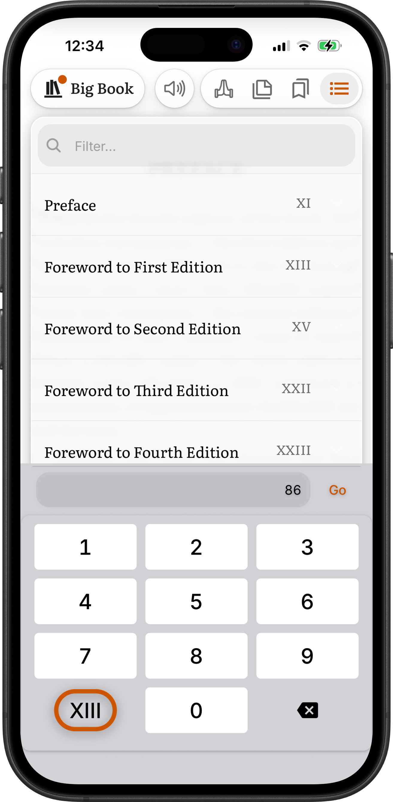 The Big Book contents in SoberHub with the page number keypad open, 86 typed next to Go, and the XIII key circled