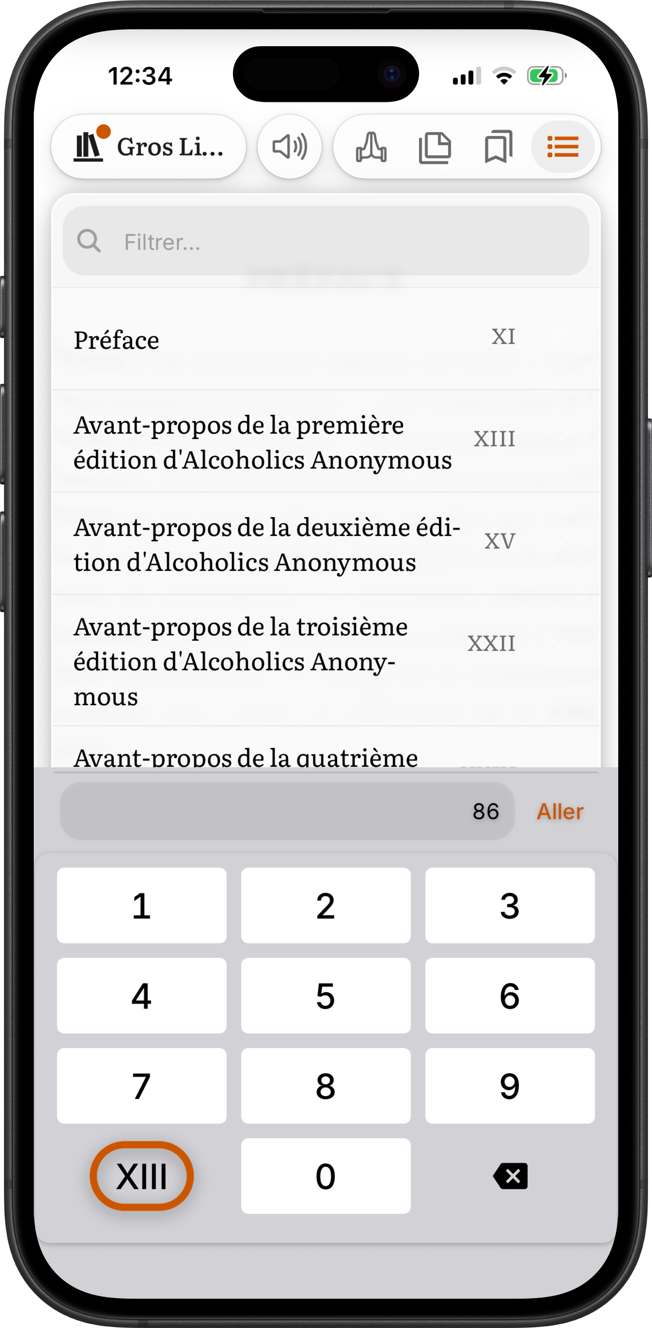 Le sommaire du Gros Livre dans SoberHub avec le clavier de numéros de page ouvert, 86 tapé à côté d'Aller, et la touche XIII entourée