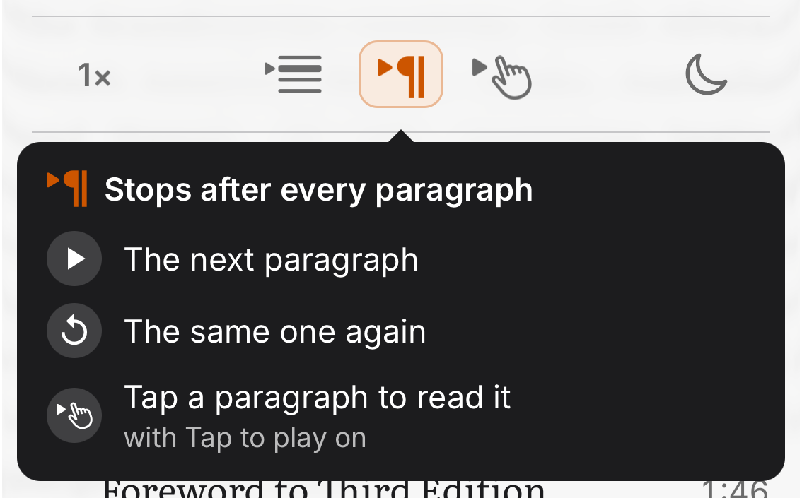 The Paragraph stop switch with its tip: stops after every paragraph, Play reads the next one, Replay the same one again, tap a paragraph to read it