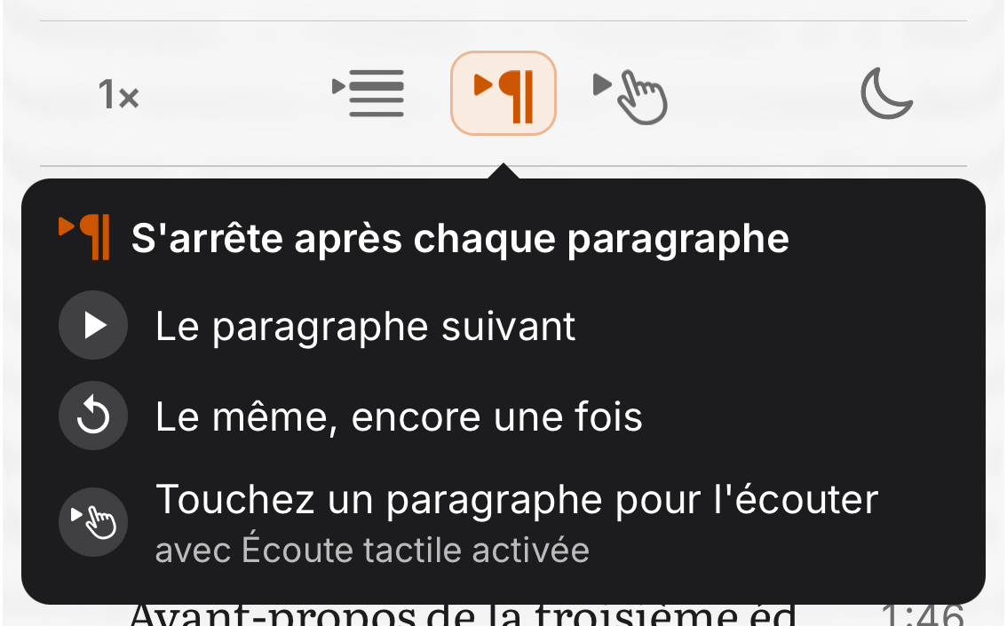 L'interrupteur Pause par paragraphe avec son conseil : s'arrête après chaque paragraphe, Lecture lit le suivant, Réécouter relit le même, touchez un paragraphe pour l'écouter