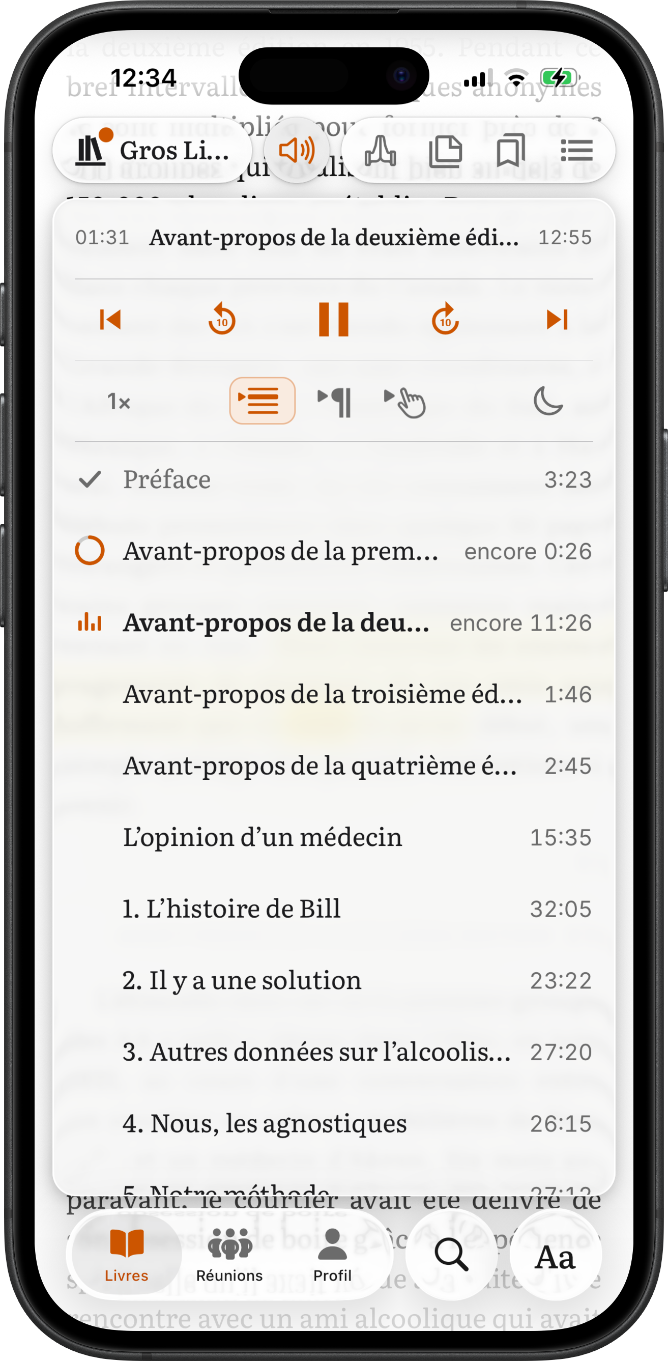 Le lecteur audio SoberHub ouvert sur la liste de lecture du Gros Livre, avec Suivre l'audio activé et des chapitres marqués terminés, en cours et en lecture