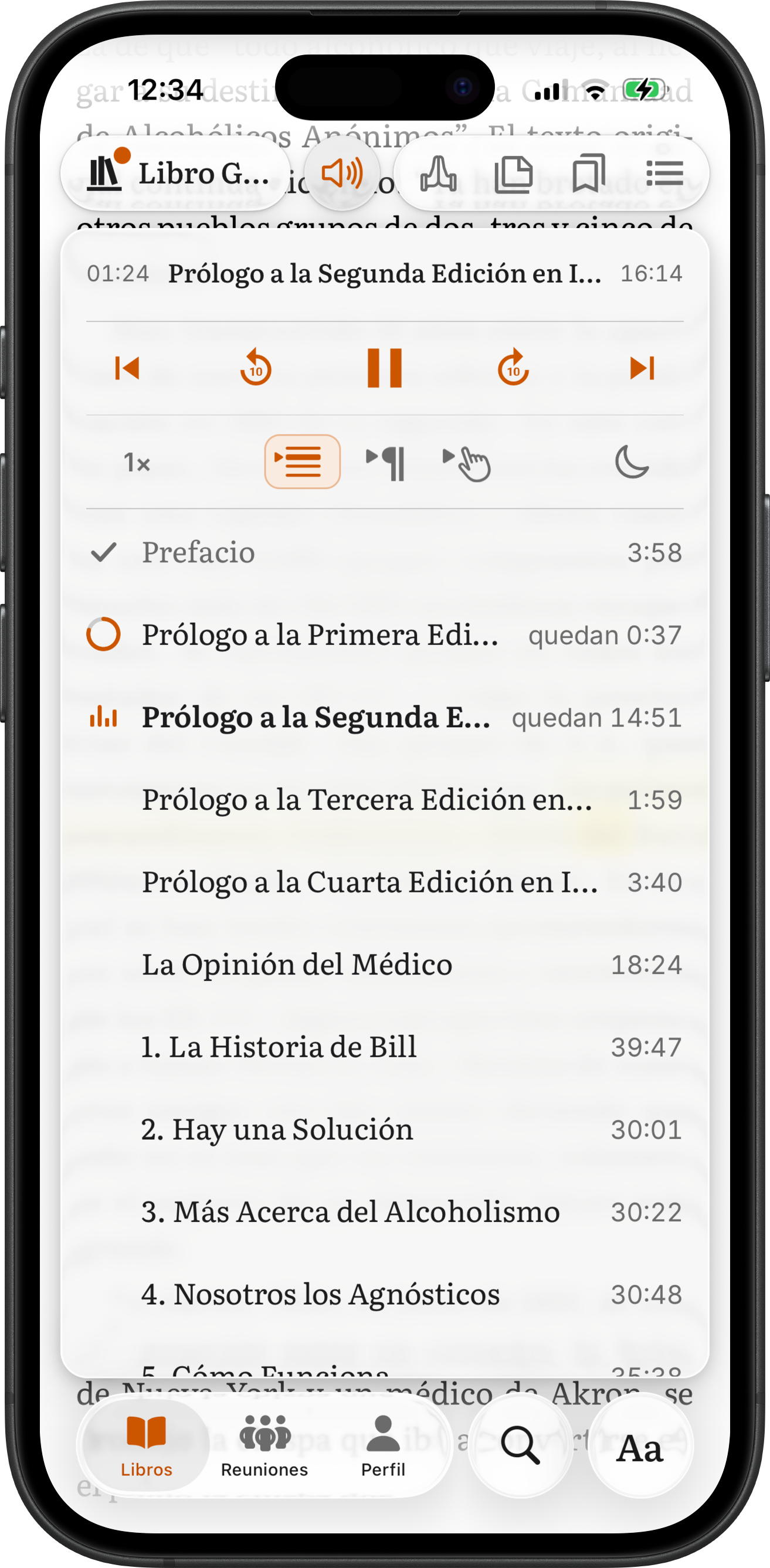 El reproductor de SoberHub abierto en la lista de reproducción del Libro Grande, con Seguir audio activado y capítulos marcados como terminados, a medias y en reproducción