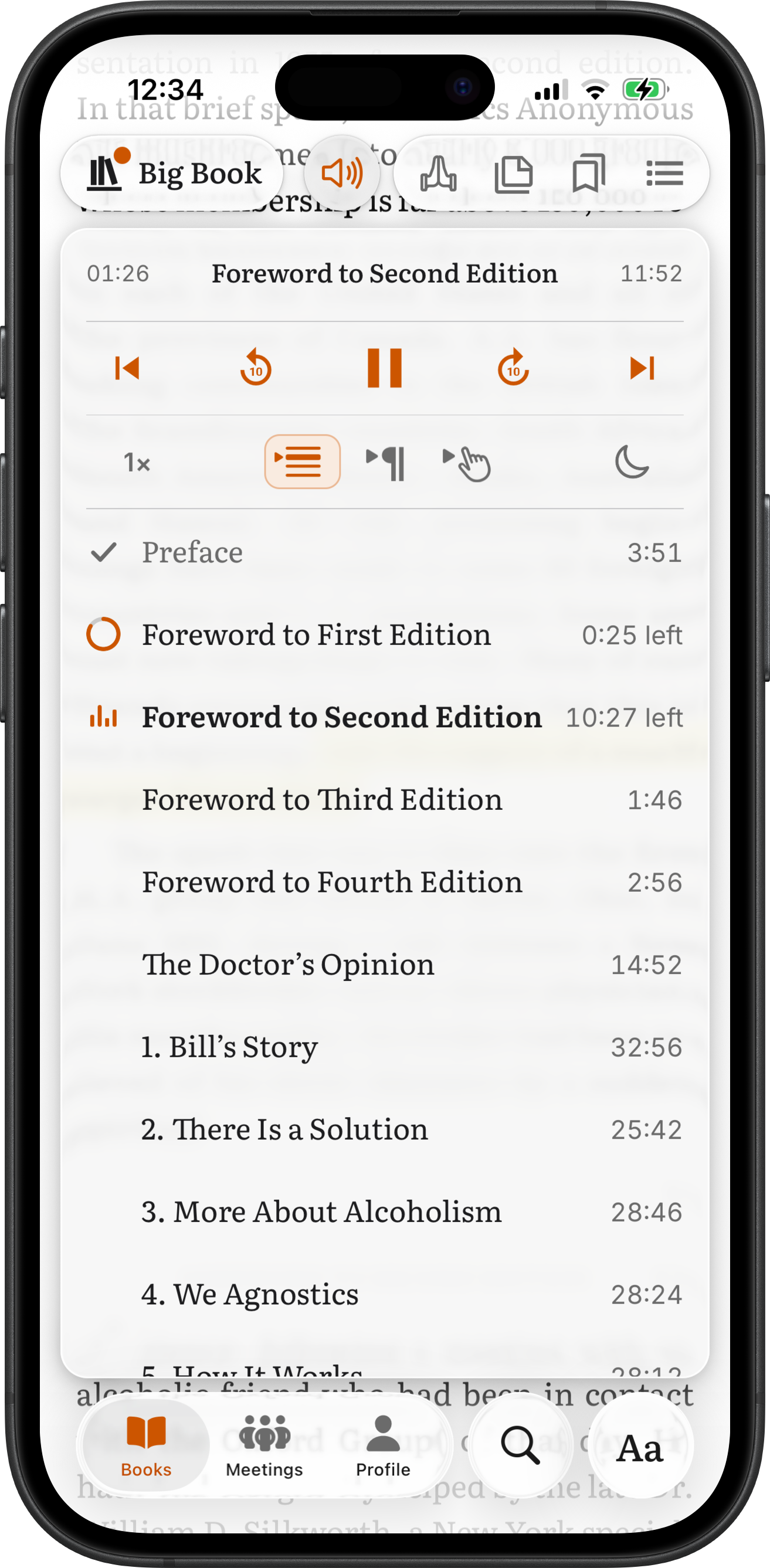 The SoberHub player open on the Big Book playlist, with Follow audio on and chapters marked as finished, part-way and playing