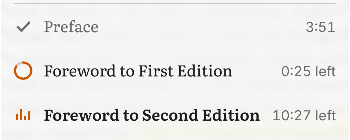 Three playlist rows in SoberHub: a finished chapter with a check, a part-way chapter with a ring and the time left, and the playing chapter
