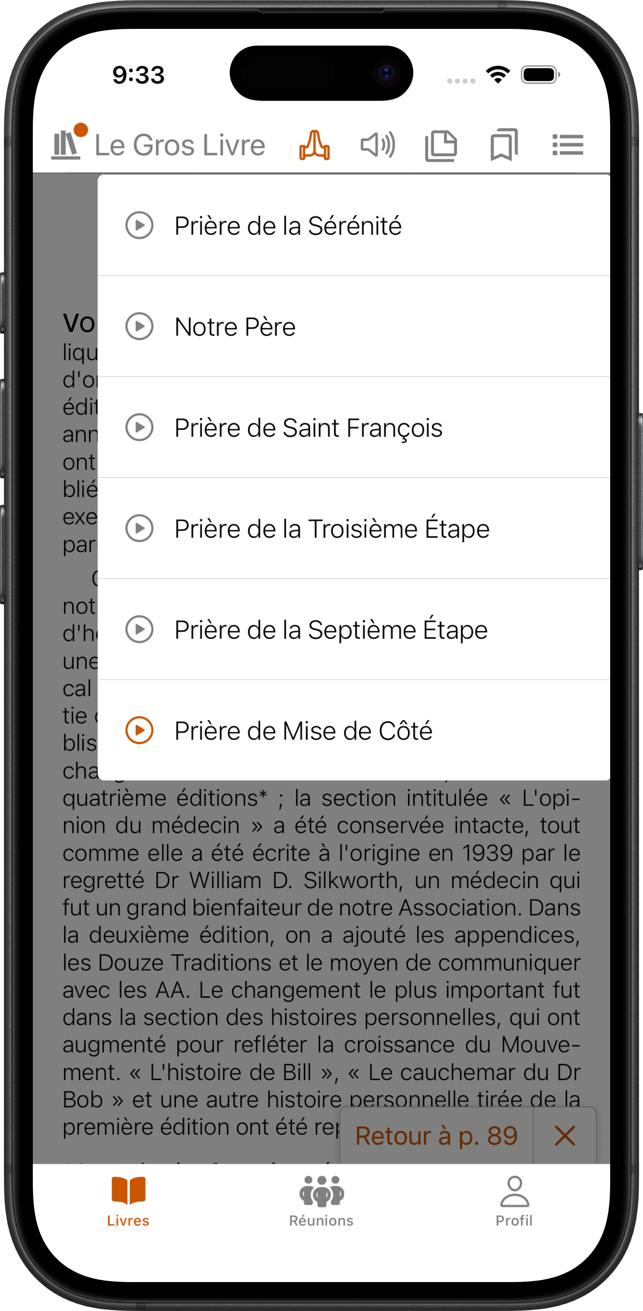 Application SoberHub affichant le menu des prières dans un livre