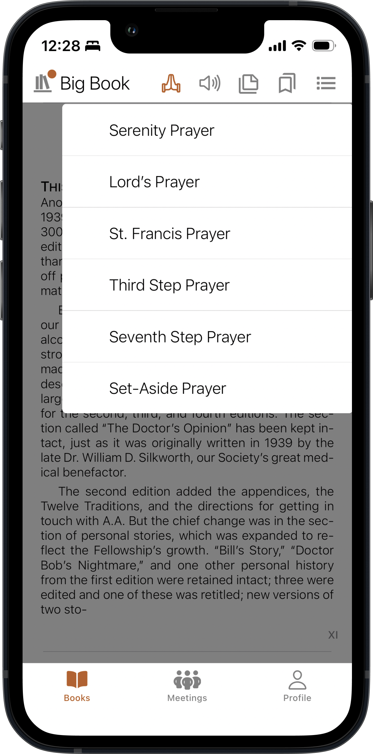 SoberHub app displaying Prayers Menu in a book
