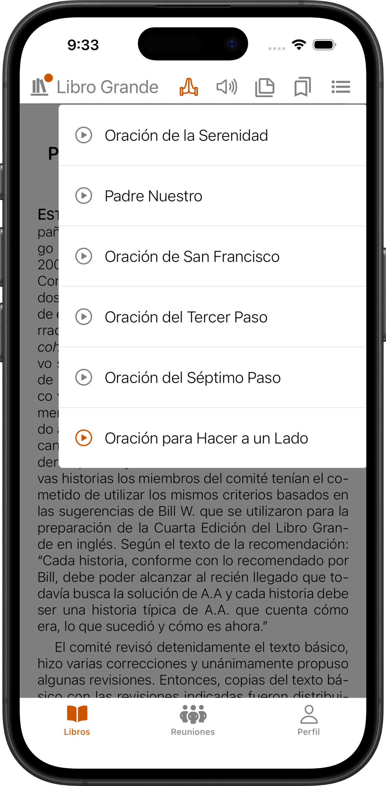 App SoberHub mostrando el menú de oraciones dentro de un libro