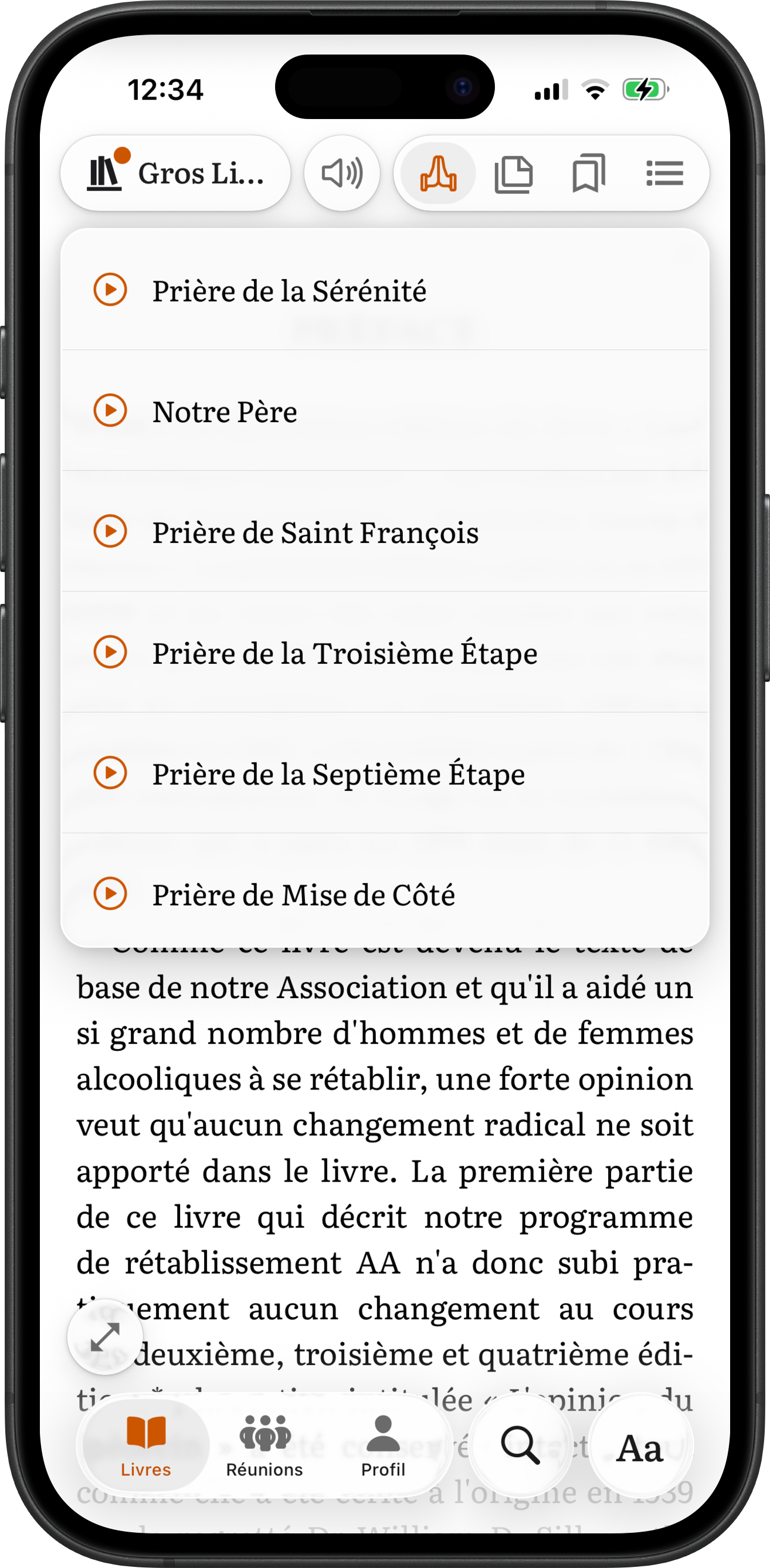 Application SoberHub affichant le menu des prières dans un livre