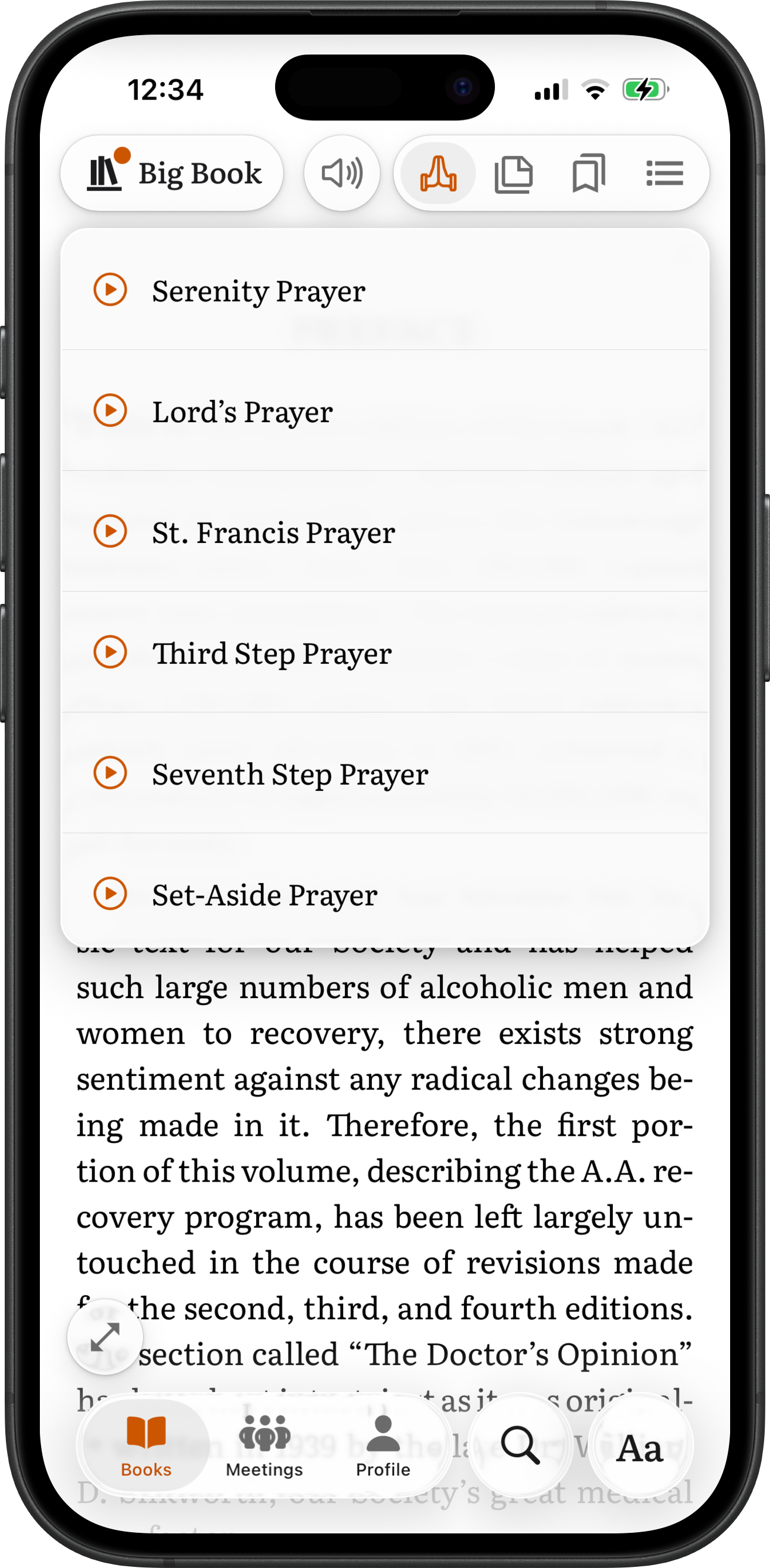 SoberHub app displaying Prayers Menu in a book