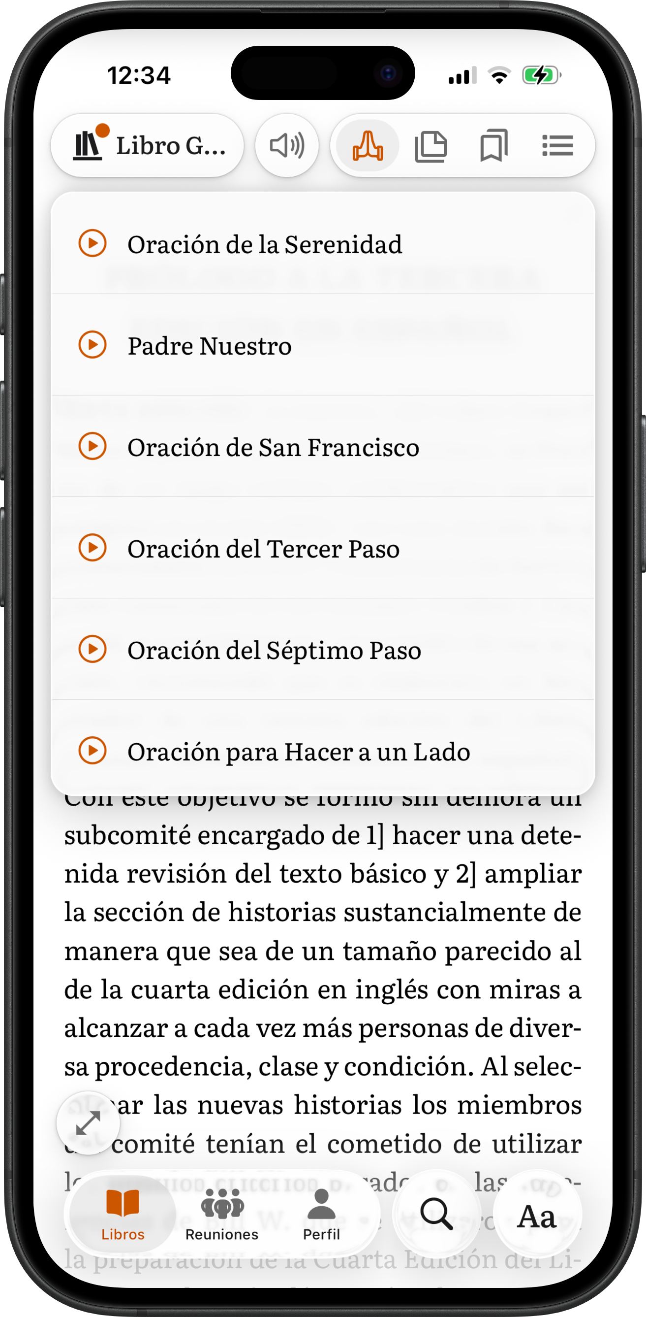 App SoberHub mostrando el menú de oraciones dentro de un libro
