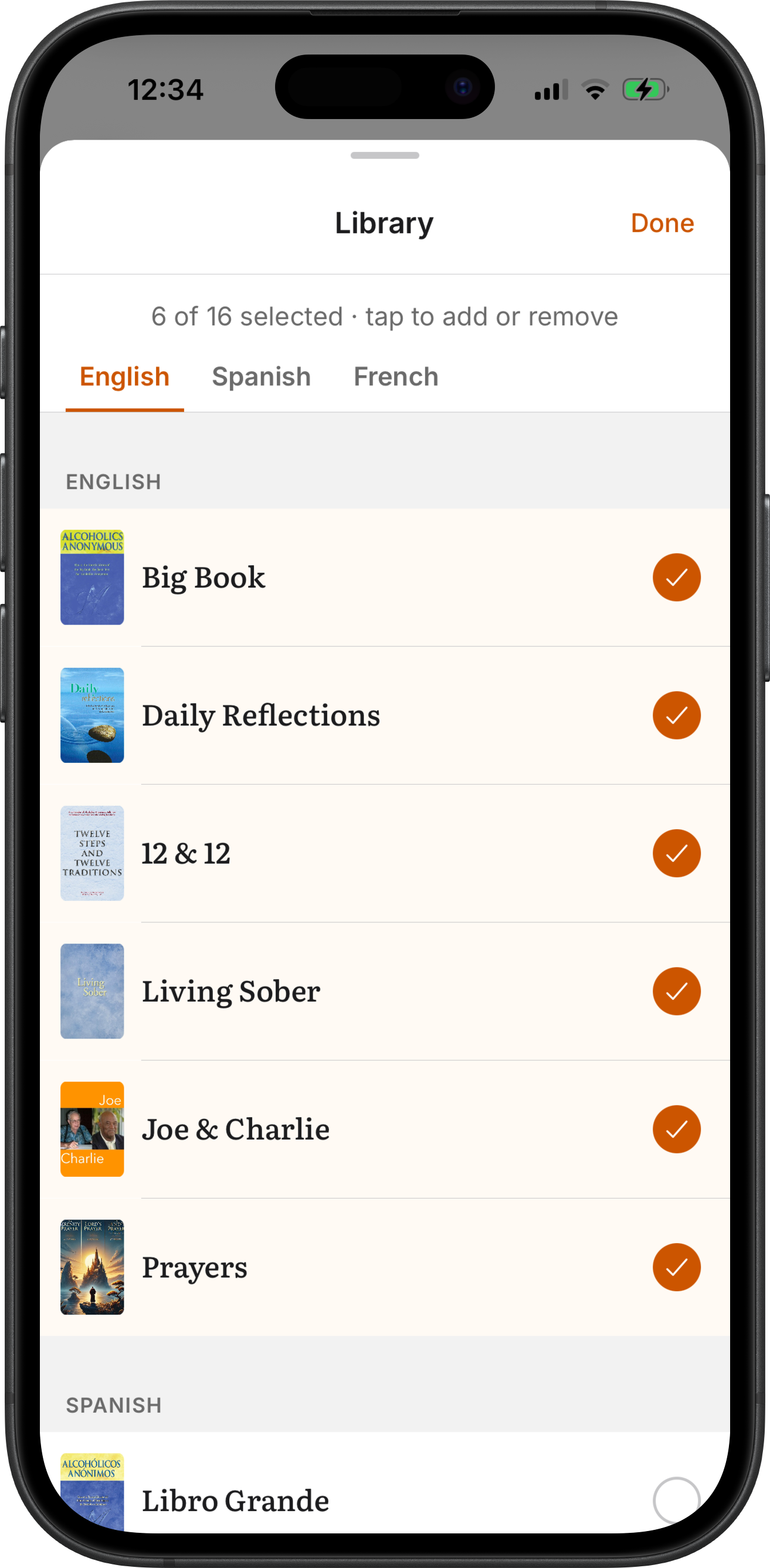 The Library sheet in SoberHub's My Library: English, Spanish and French books to add to or remove from your shelf
