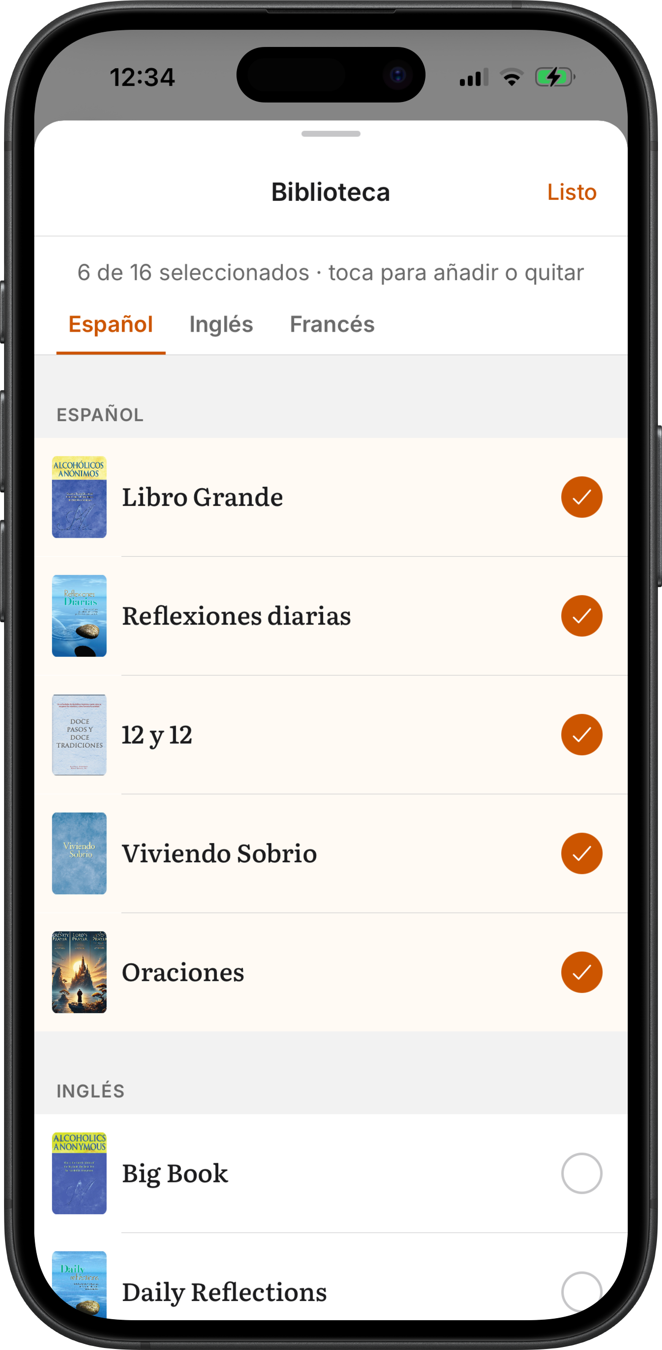 La hoja Biblioteca en Mi biblioteca de SoberHub: libros en inglés, español y francés para agregar a tu estante o quitarlos
