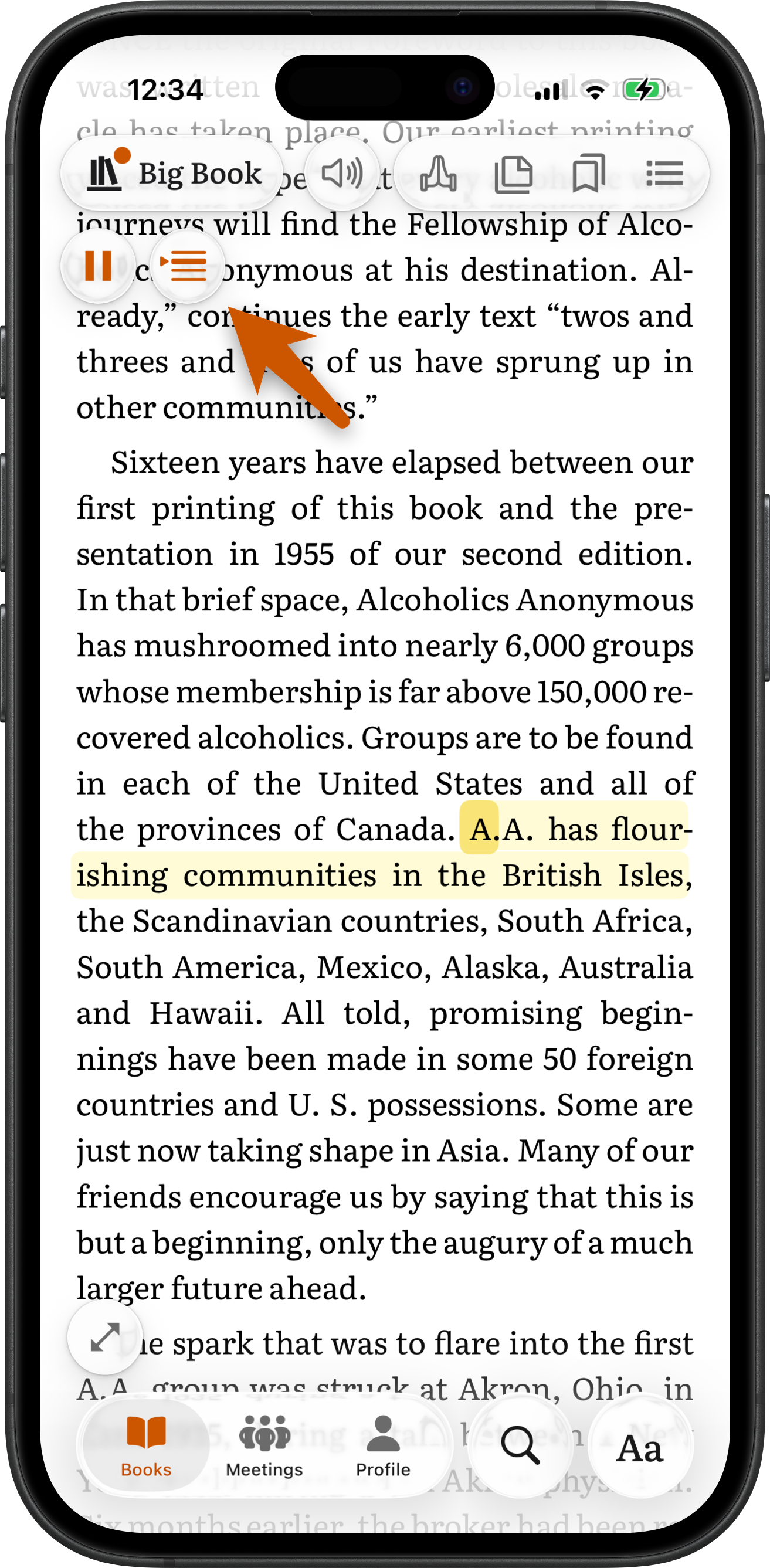 A Big Book page in SoberHub with the phrase being narrated marked, and the floating mini player at the top with an arrow pointing at its Sync button