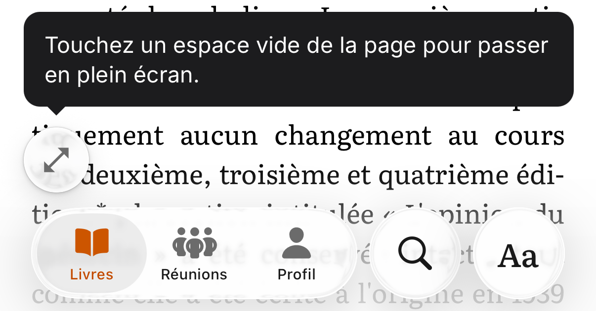 Le bas du lecteur SoberHub : le bouton plein écran au-dessus de la barre d'onglets, et Aa à côté de Rechercher