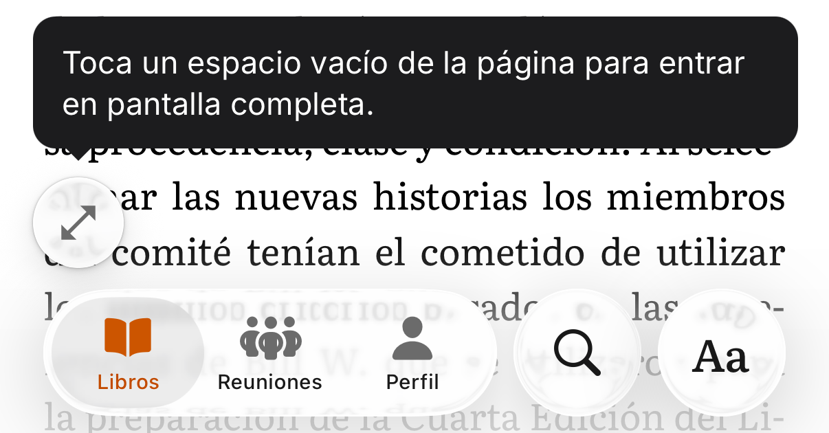 La parte inferior del lector de SoberHub: el botón de pantalla completa sobre la barra de pestañas, y Aa junto a Buscar