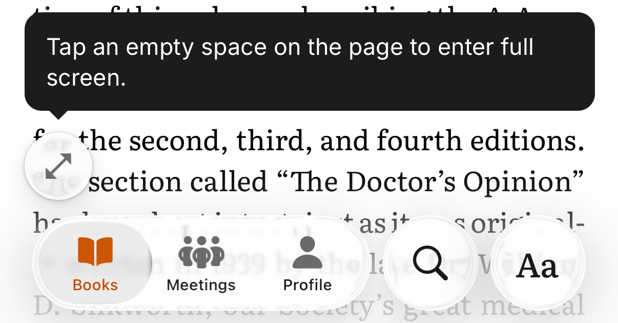 The bottom of the SoberHub reader: the full-screen button above the tab bar, and Aa next to Search