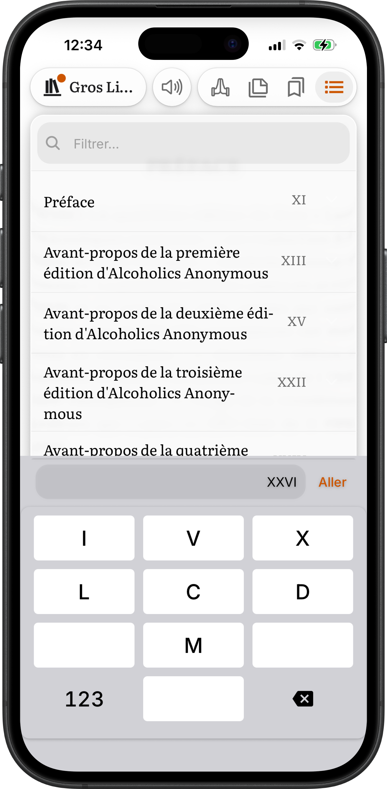 Le clavier de numéros de page passé en chiffres romains, I, V, X, L, C, D et M, avec XXV tapé pour L'opinion d'un médecin