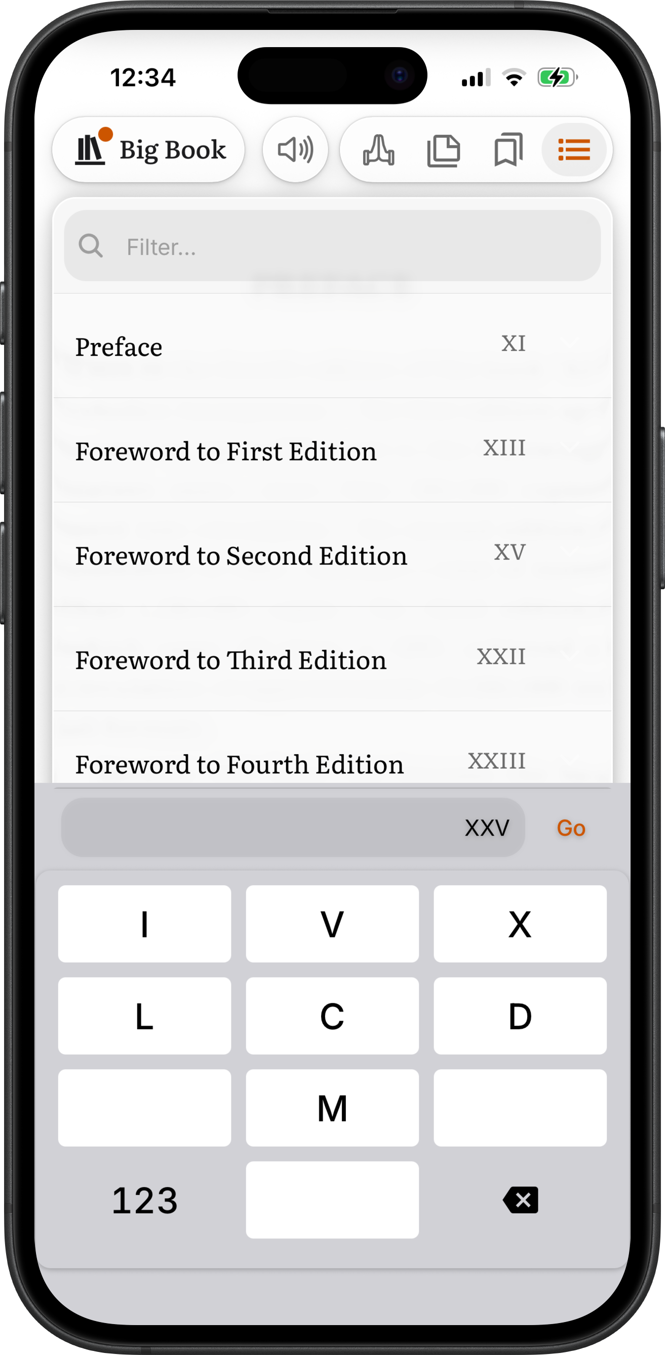 The page number keypad switched to Roman numerals, I, V, X, L, C, D and M, with XXV typed for The Doctor's Opinion