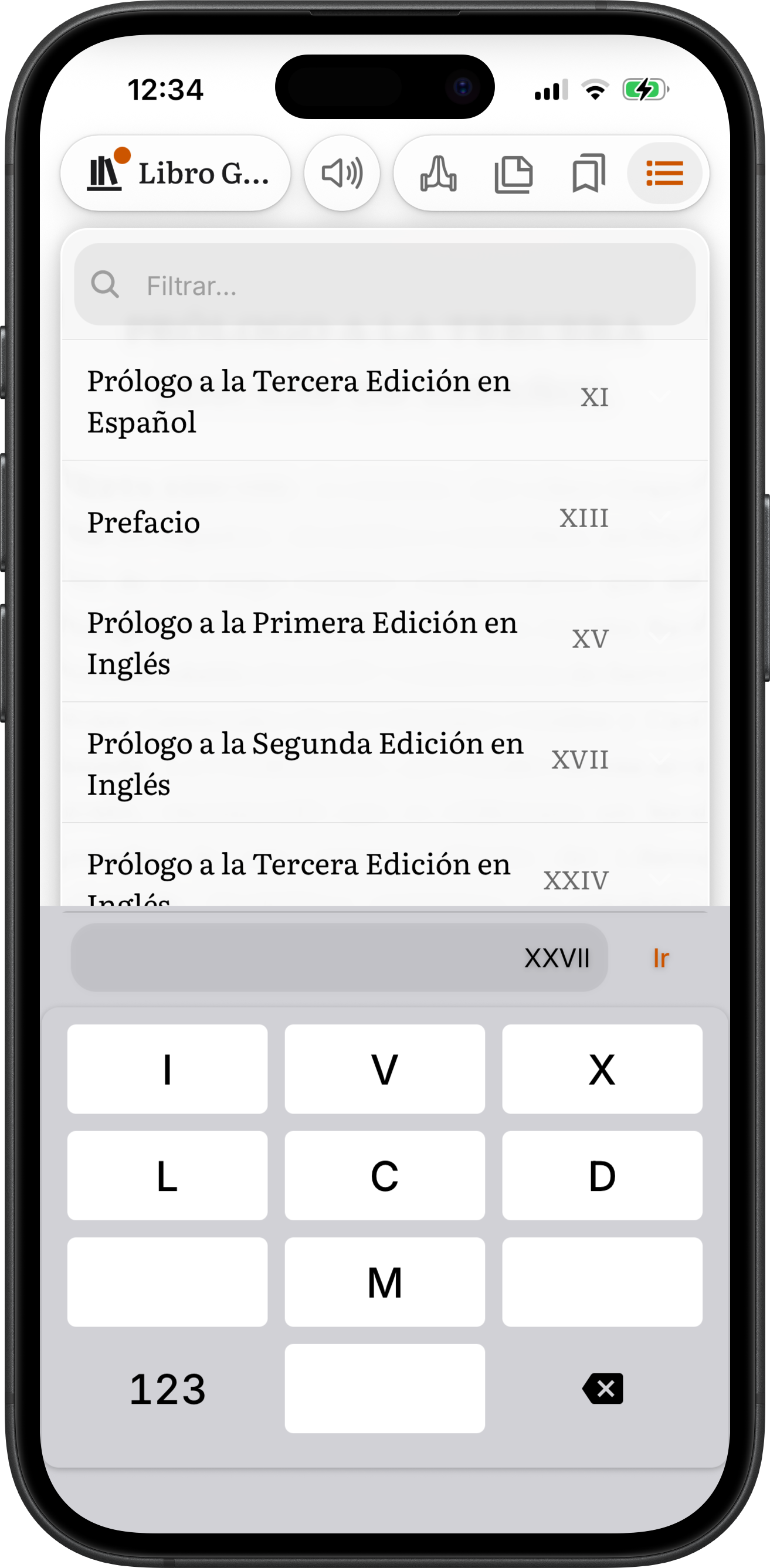 El teclado de número de página cambiado a números romanos, I, V, X, L, C, D y M, con XXV escrito para La opinión del médico