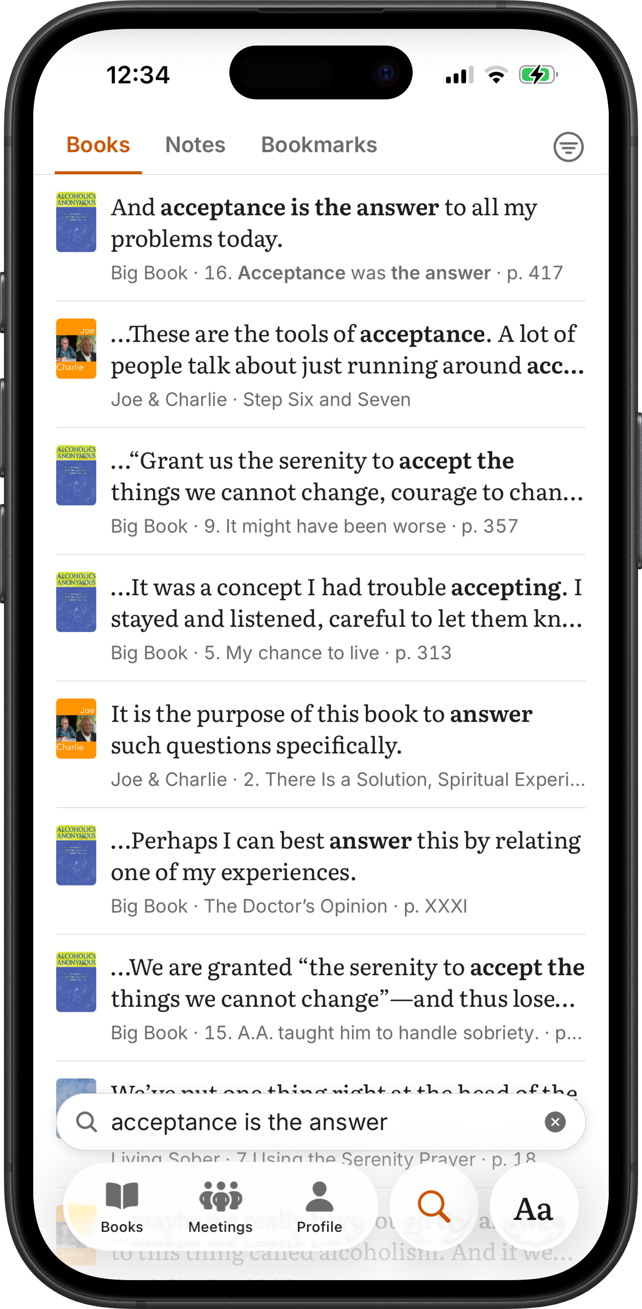 Search results for "acceptance is the answer" from the Big Book, Joe & Charlie and Living Sober in SoberHub