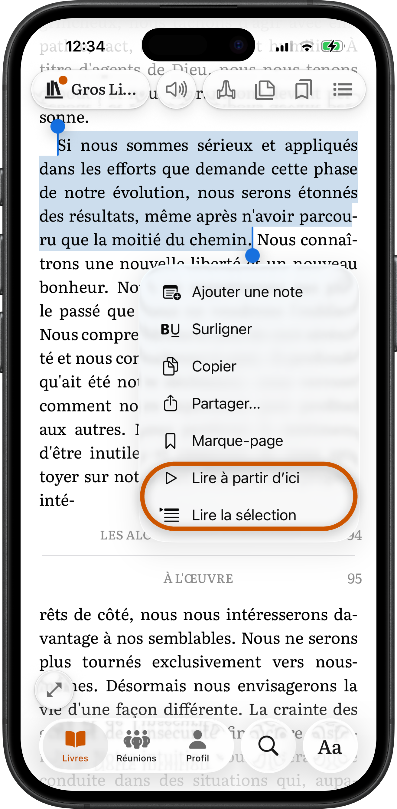 Un passage du Gros Livre sélectionné dans SoberHub avec le menu ouvert et ses lignes Lire à partir d'ici et Lire la sélection entourées