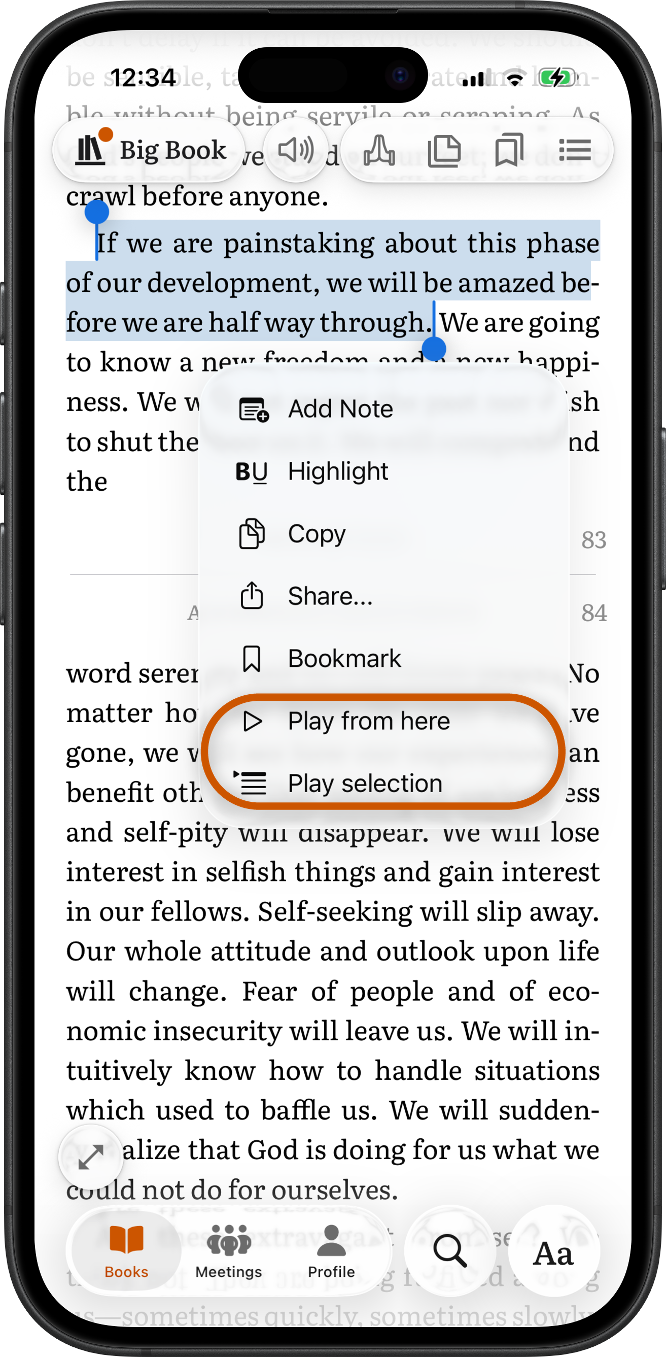 A Big Book passage selected in SoberHub with the menu open and its Play from here and Play selection rows ringed