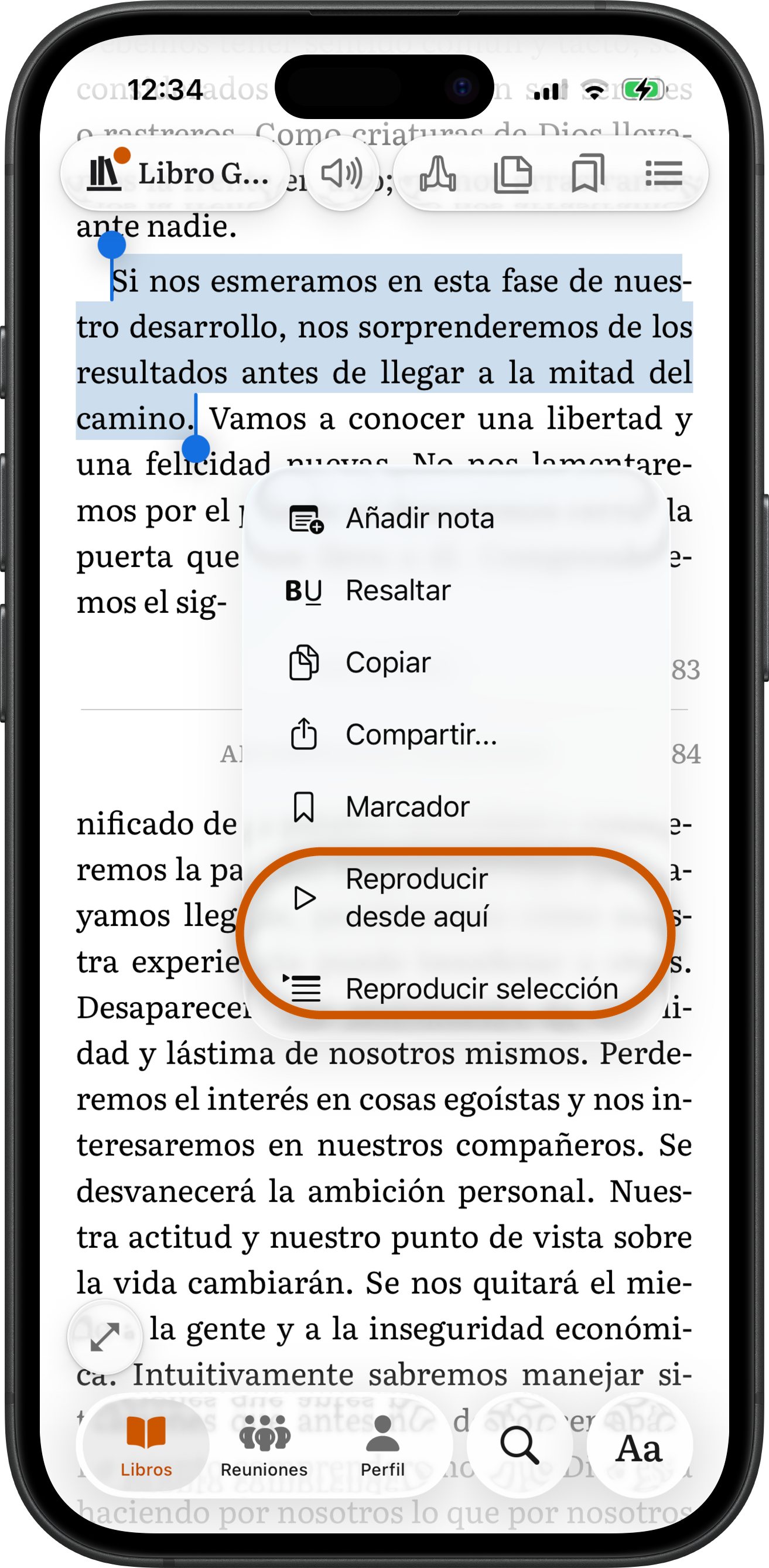 Un pasaje del Libro Grande seleccionado en SoberHub con el menú abierto y sus opciones Reproducir desde aquí y Reproducir selección rodeadas