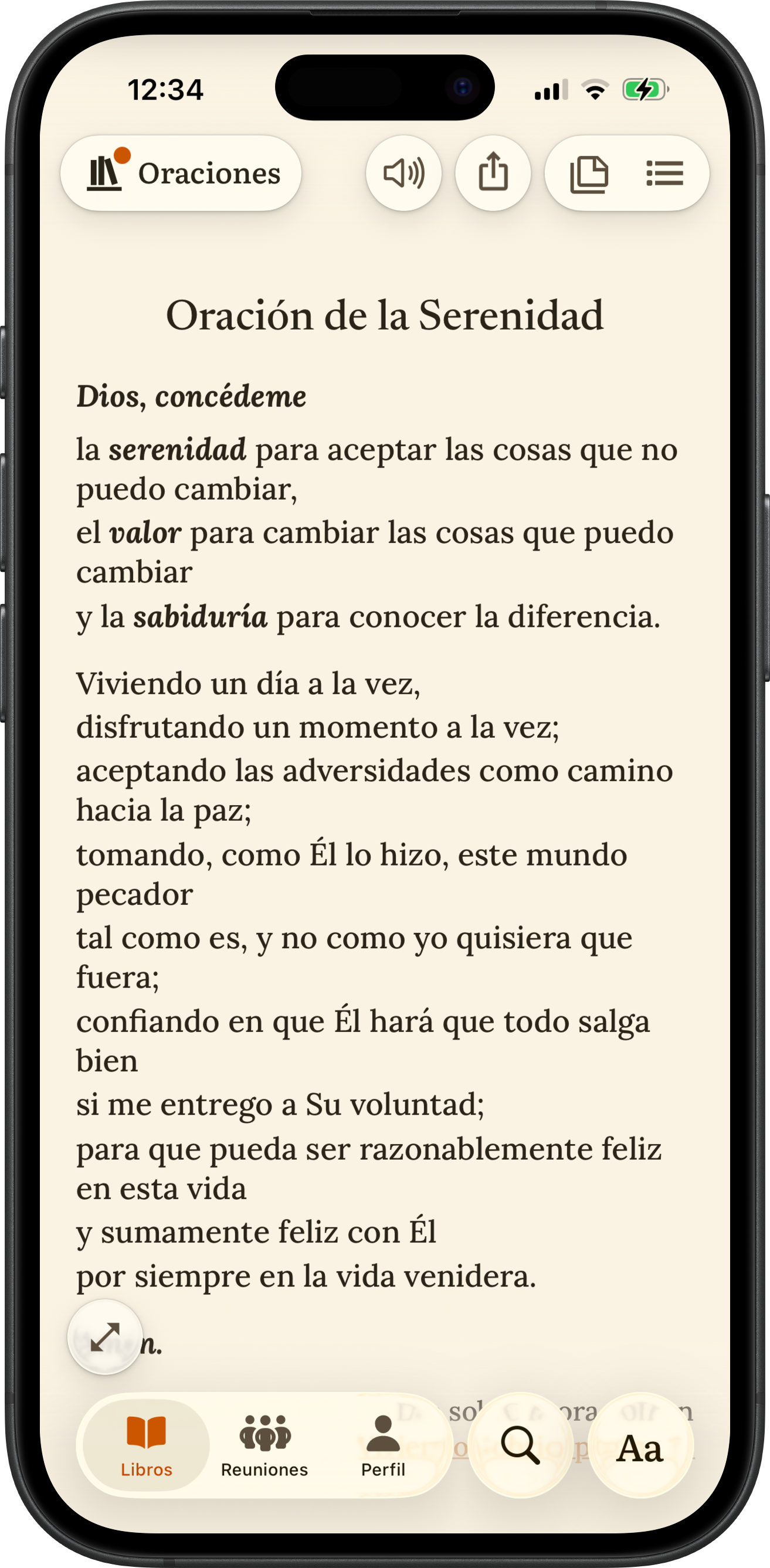 App SoberHub mostrando la Oración de la Serenidad