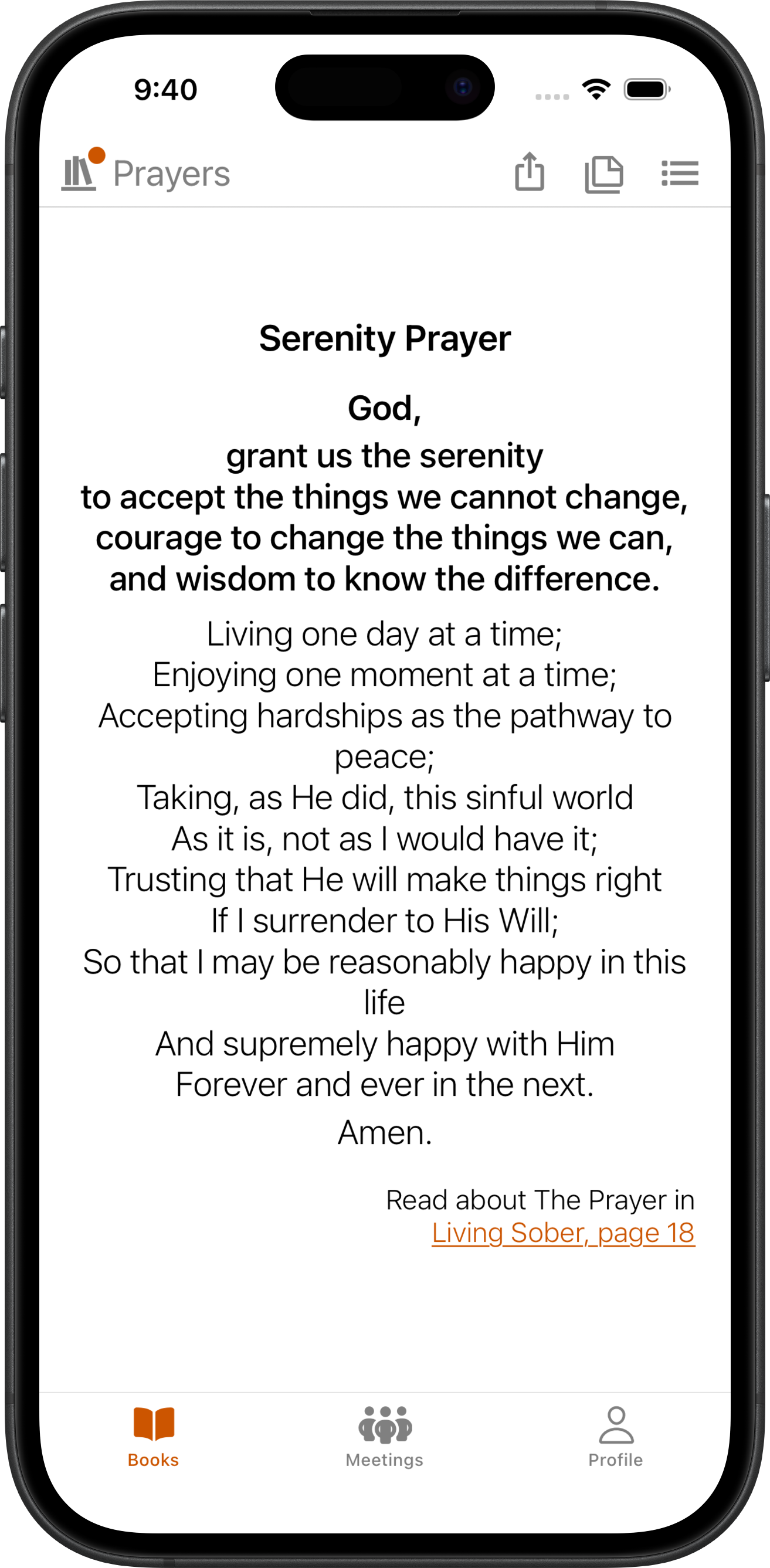 SoberHub app displaying the Serenity Prayer