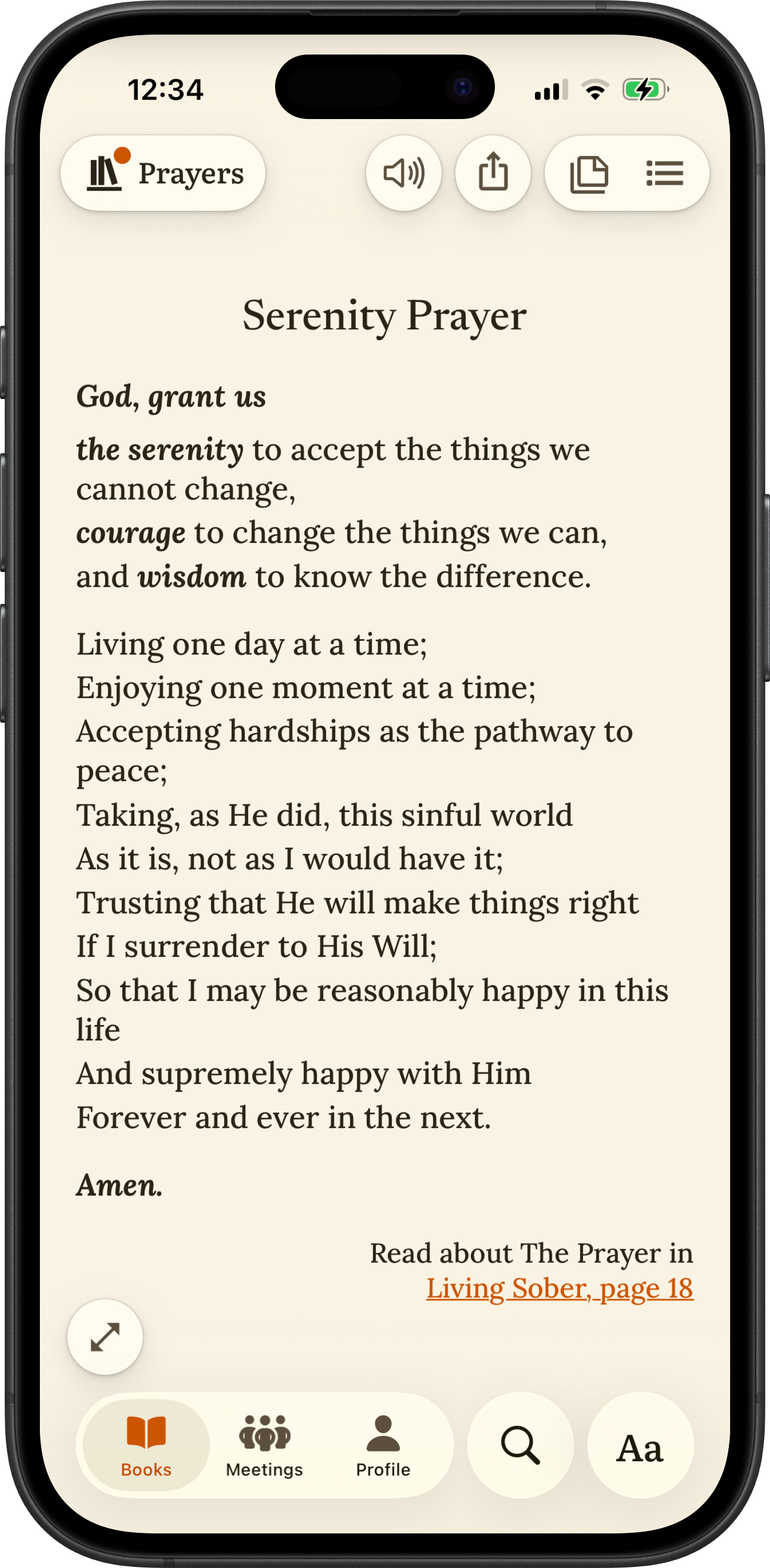 SoberHub app displaying the Serenity Prayer