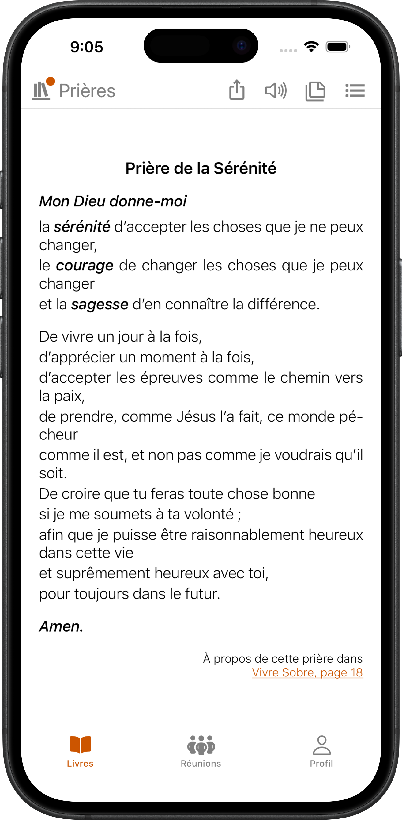 Application SoberHub affichant la Prière de la Sérénité