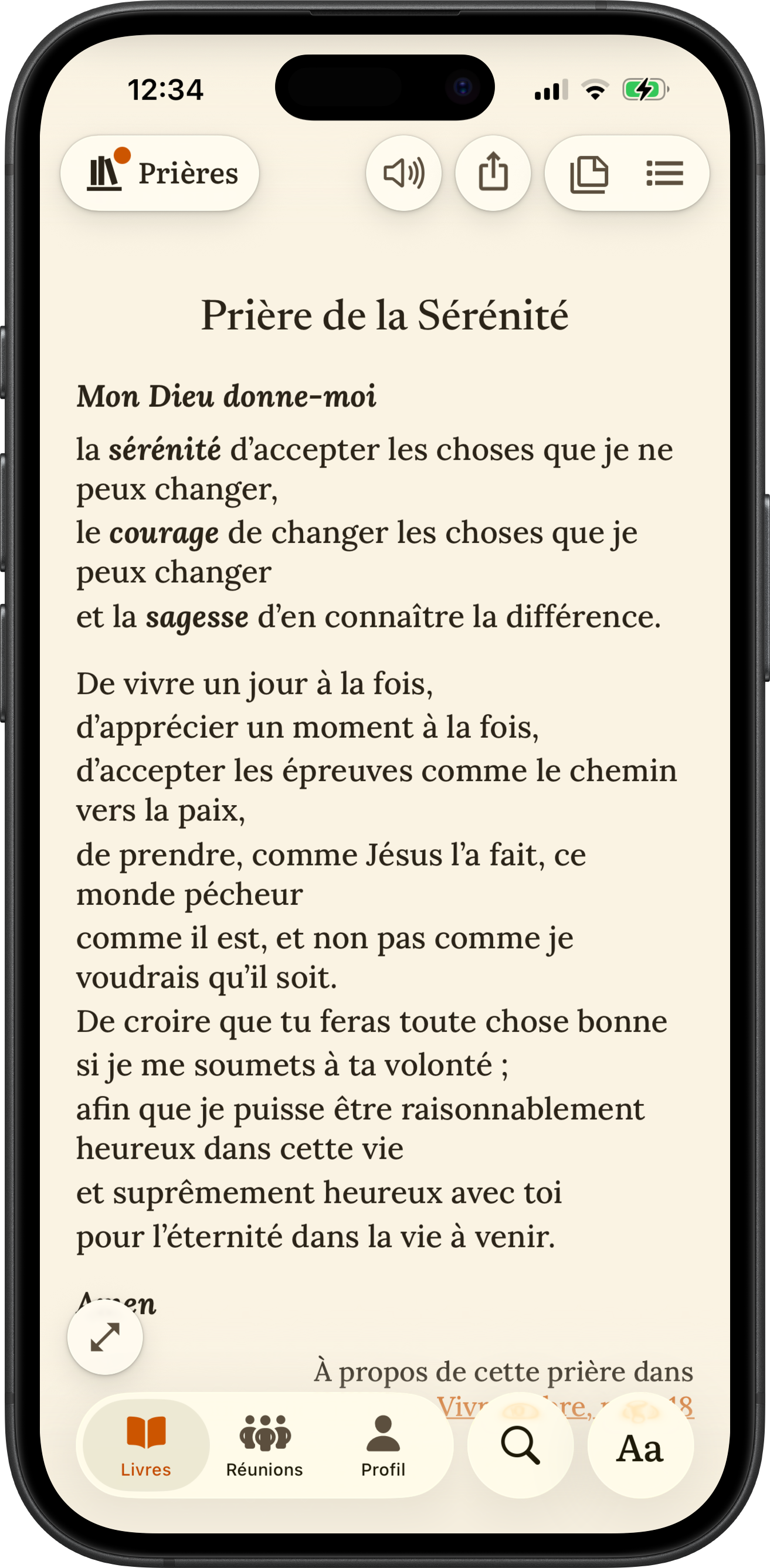 Application SoberHub affichant la Prière de la Sérénité