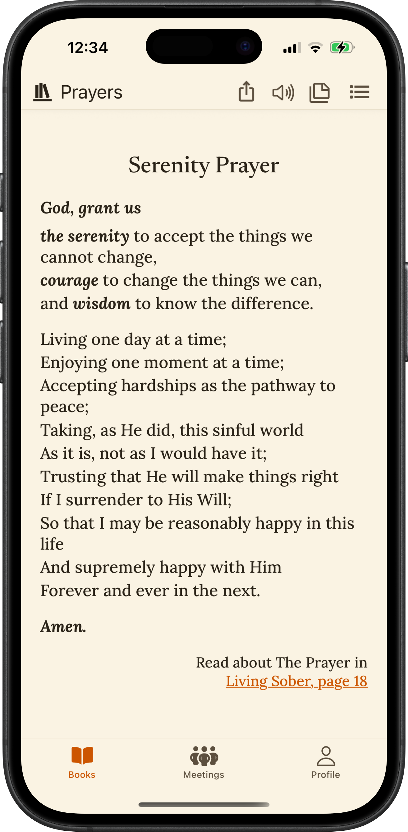 SoberHub app displaying the Serenity Prayer