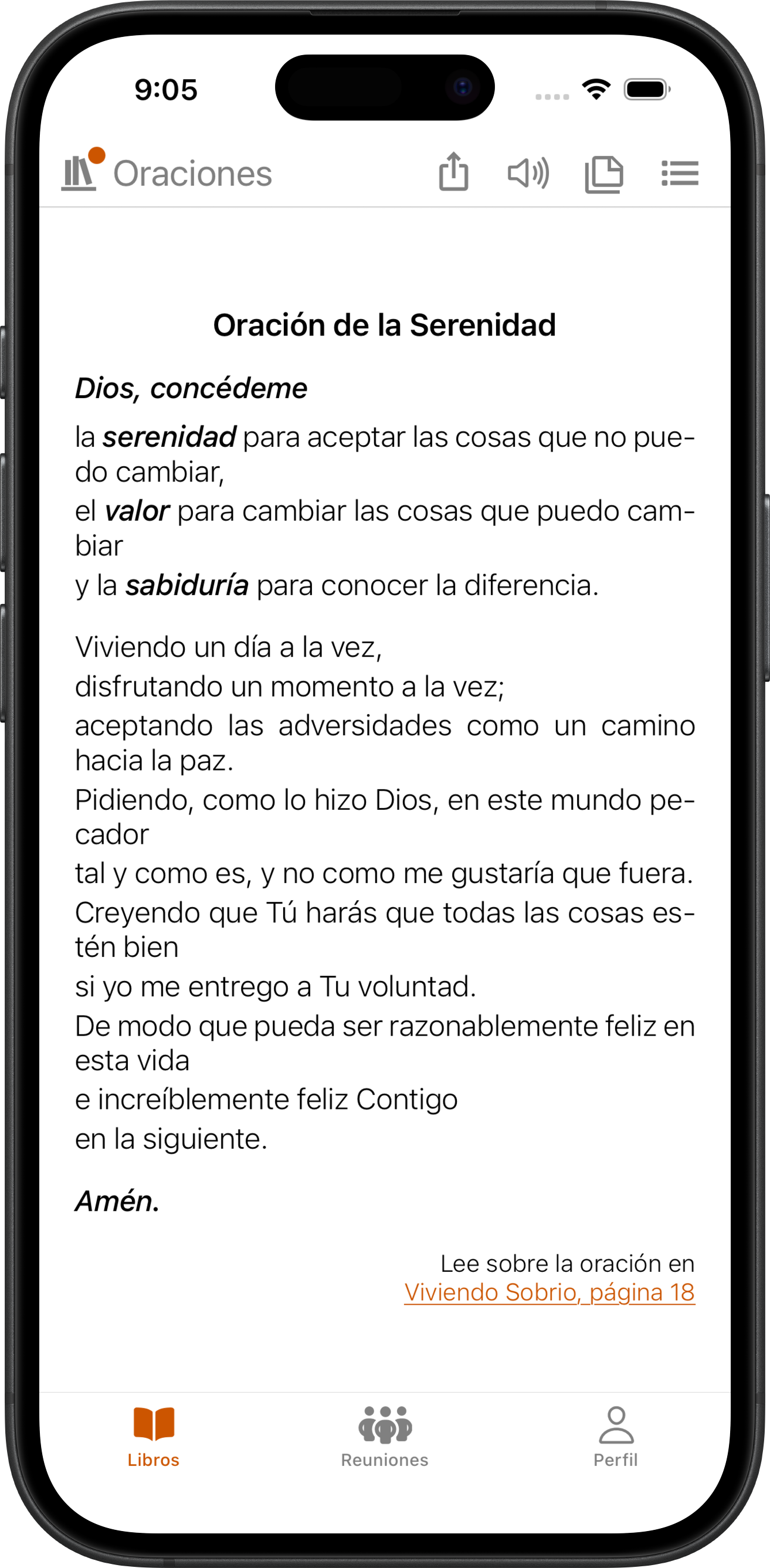 App SoberHub mostrando la Oración de la Serenidad