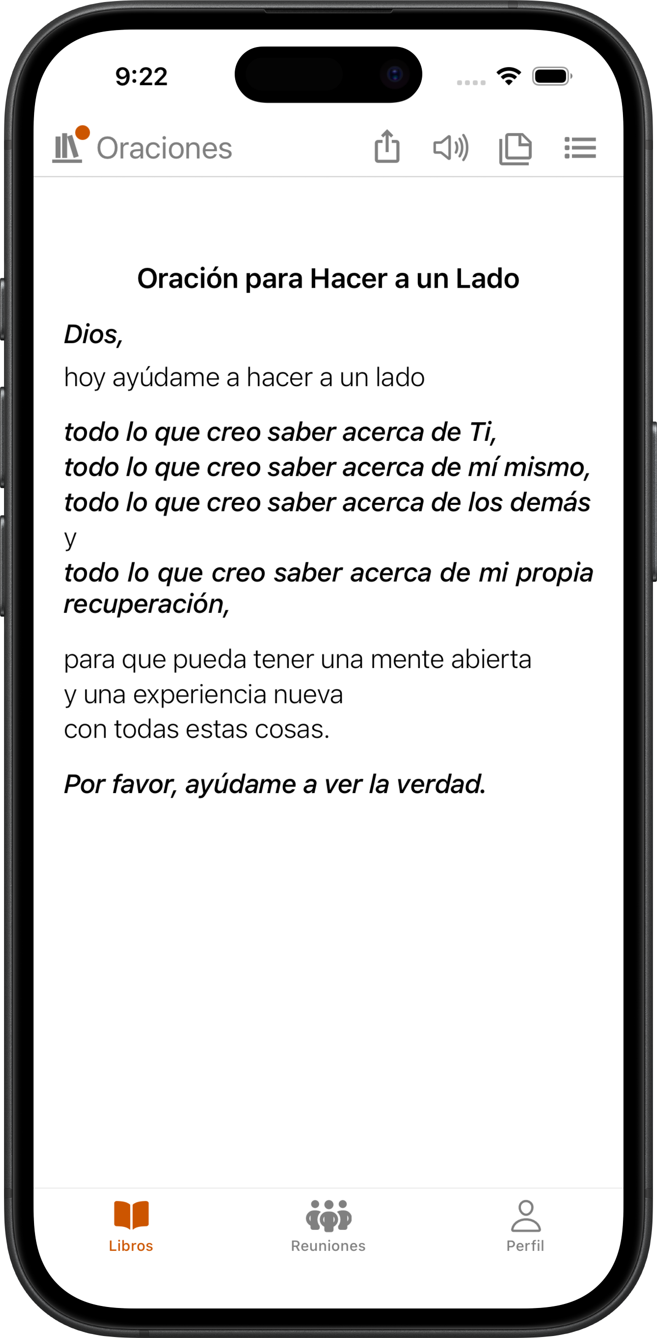 App SoberHub mostrando la Oración para Hacer a un Lado