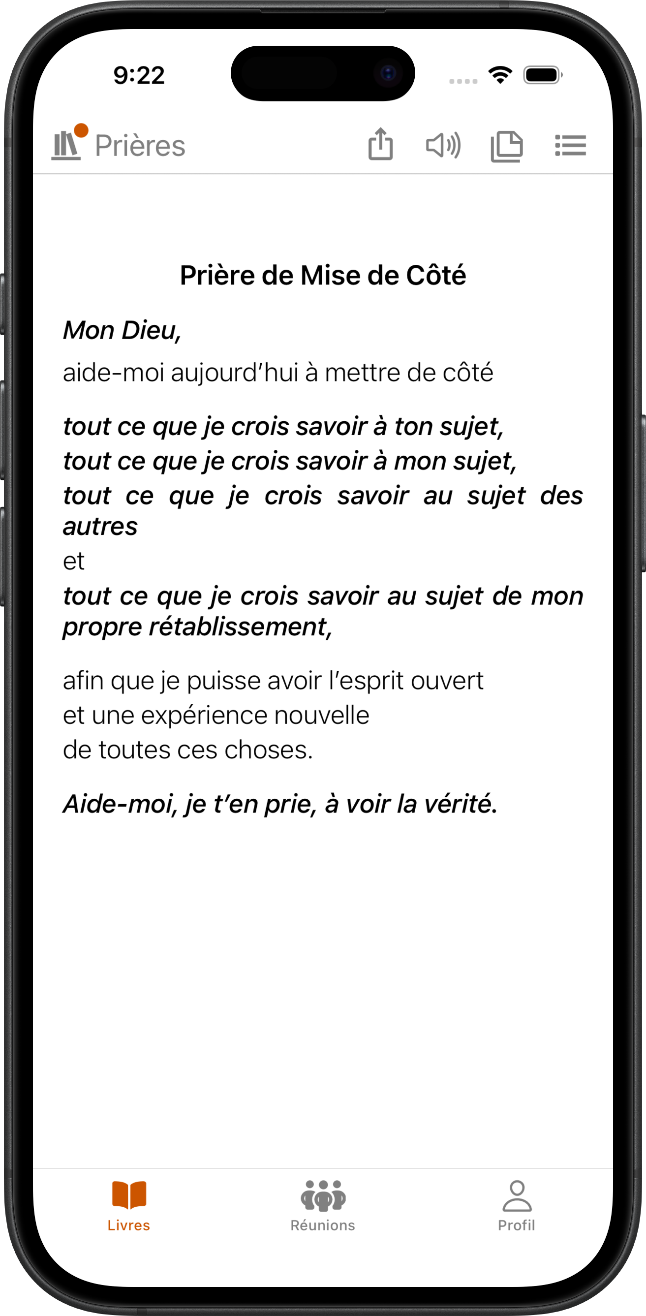 Application SoberHub affichant la Prière de Mise de Côté