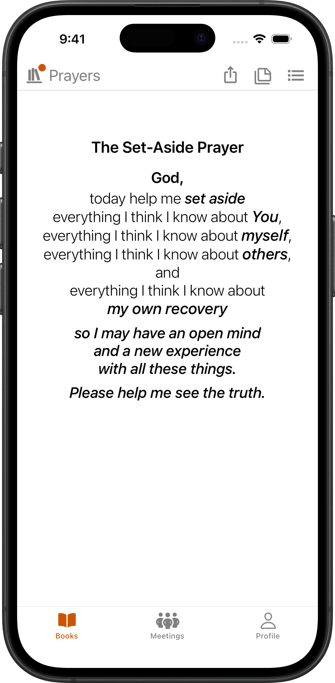 SoberHub app displaying the Set-Aside Prayer